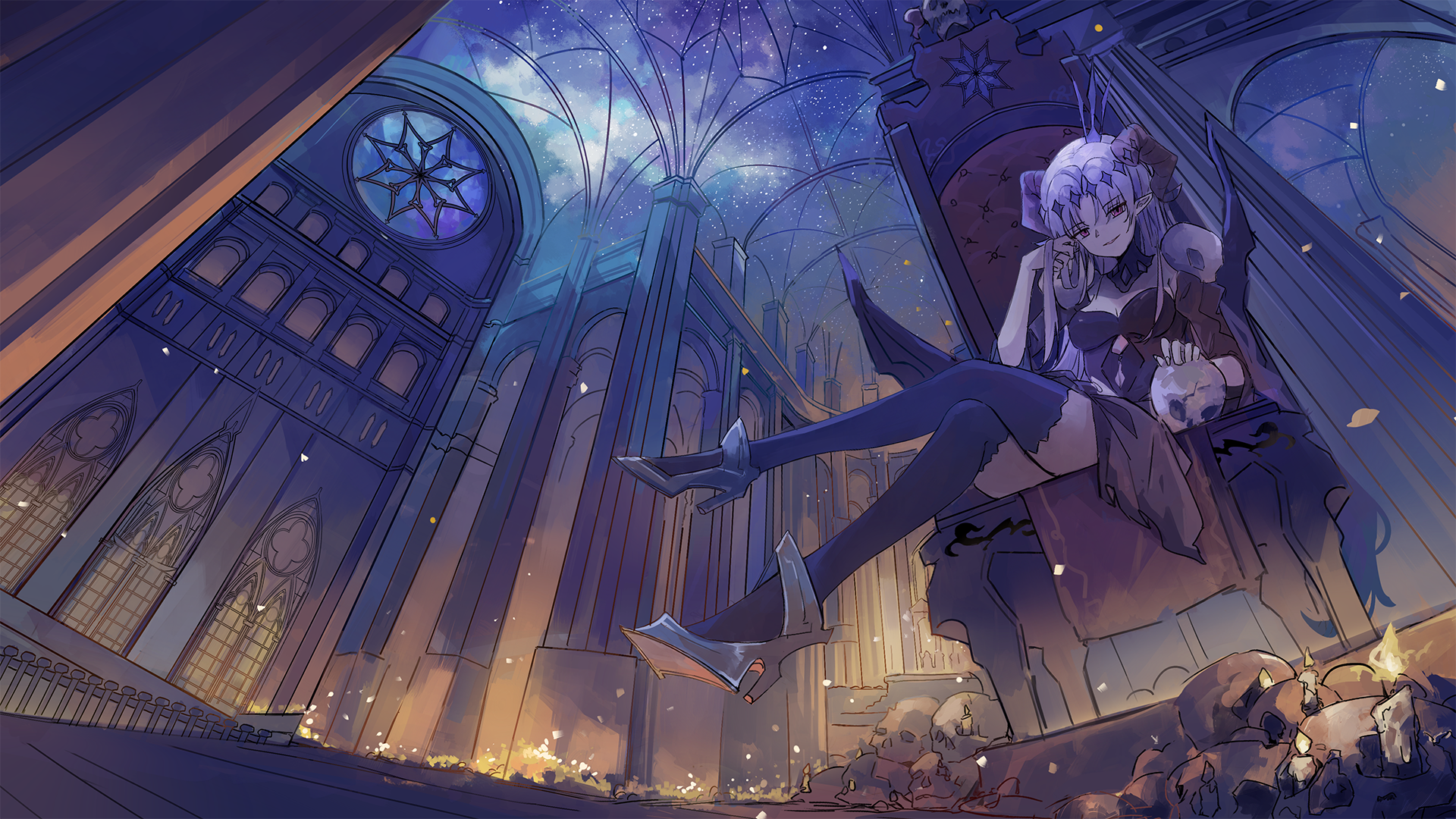 Woman with horns and red eyes on a throne of skulls HD Wallpaper