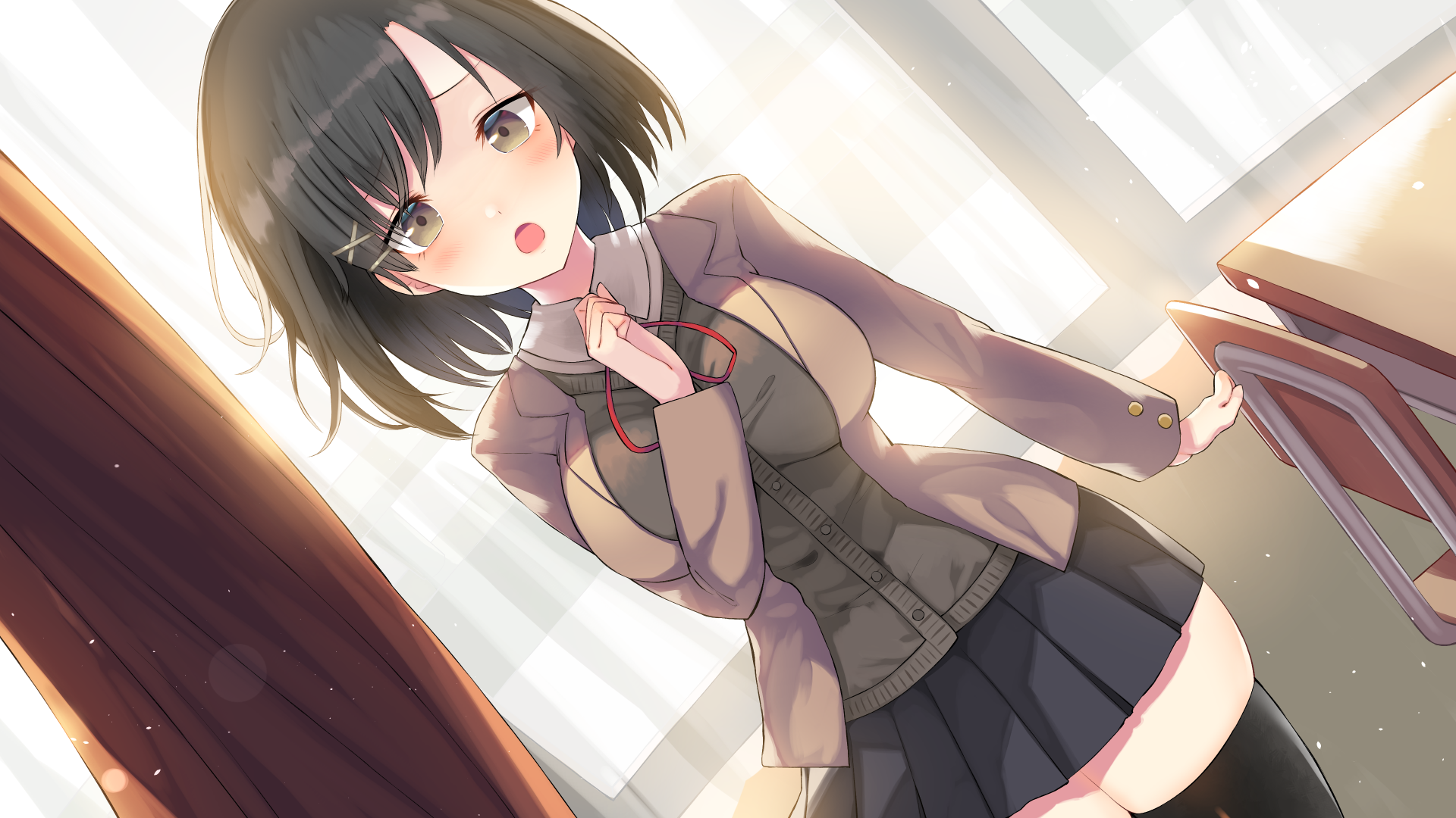 Anime girl in school uniform in classroom HD Wallpaper