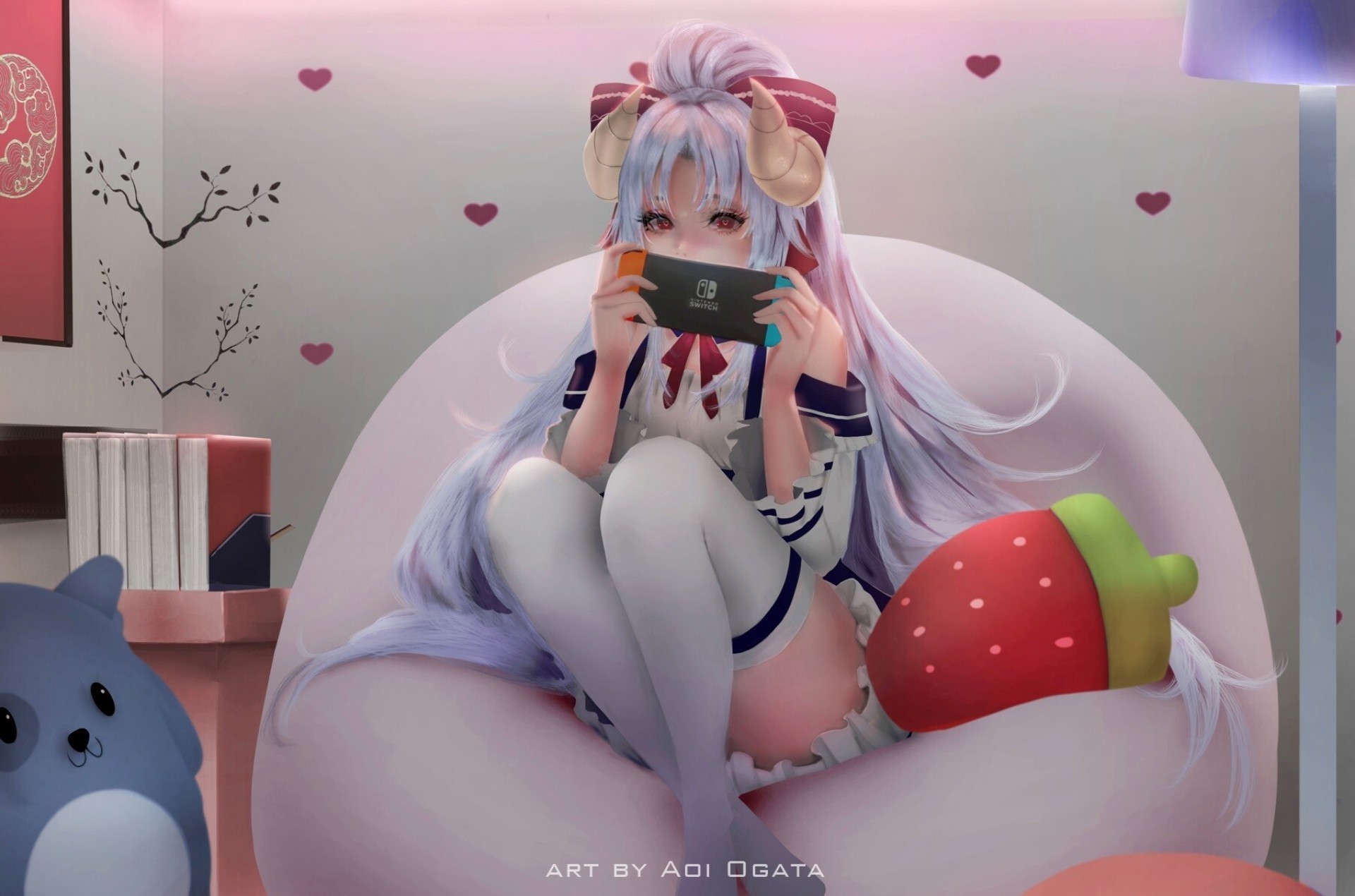 Anime girl with horns playing Nintendo Switch HD Wallpaper