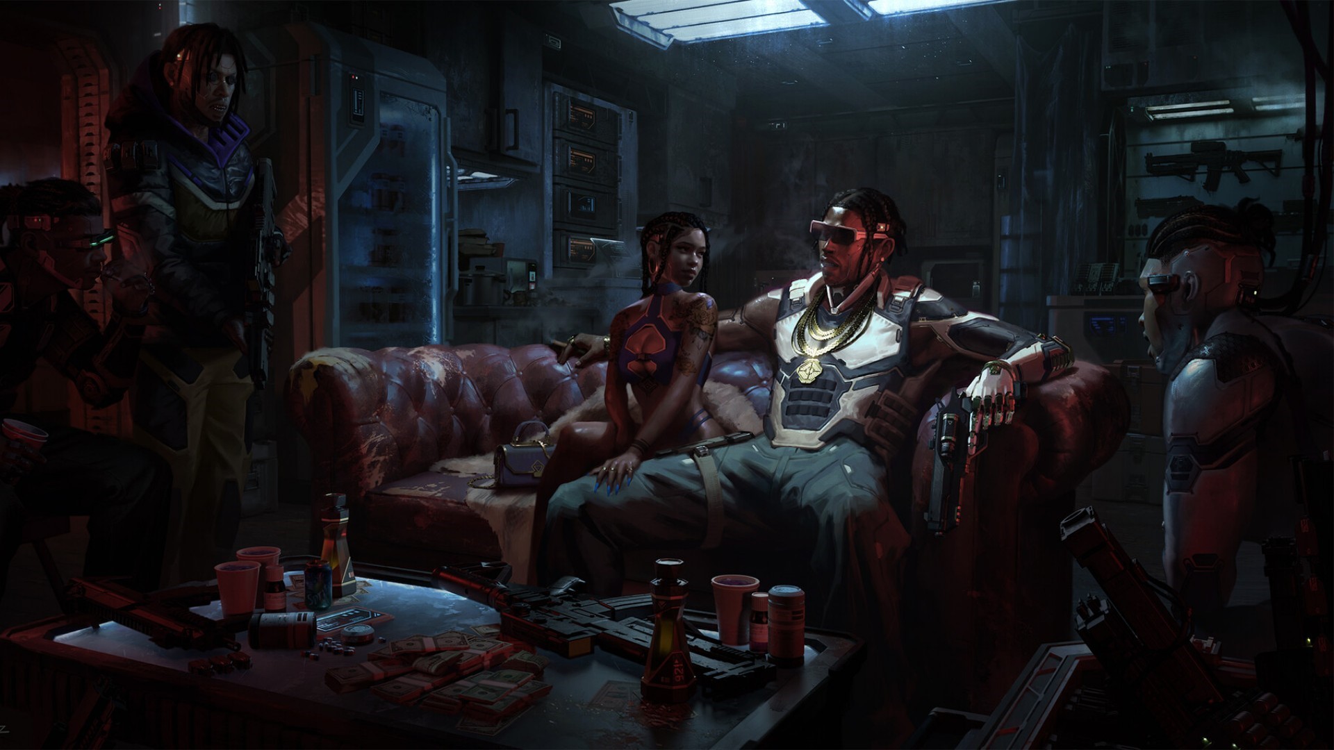 Cyberpunk Men and Women in Futuristic Room HD Wallpaper