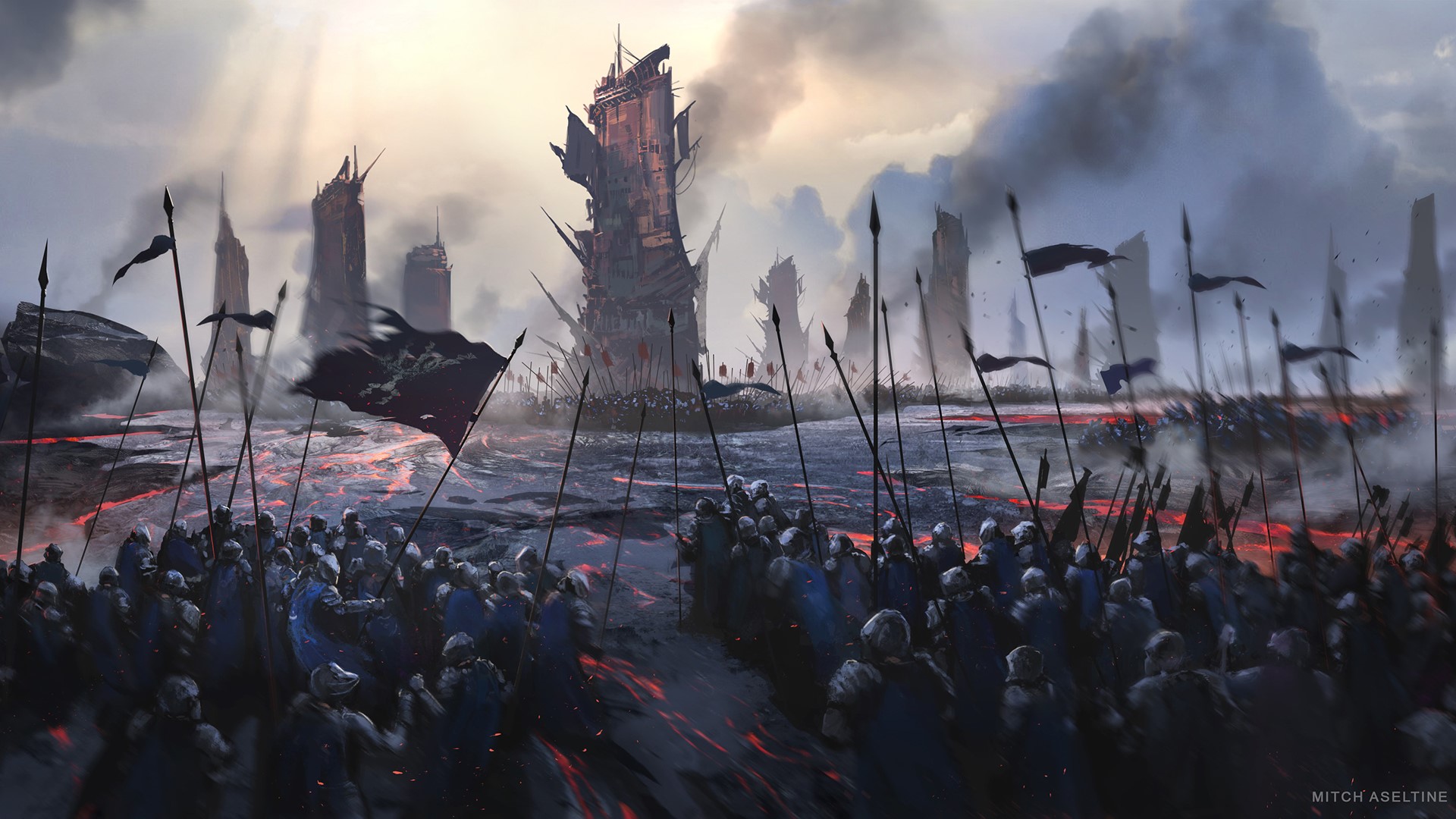 Army with flags on a battlefield with lava and ruins HD Wallpaper