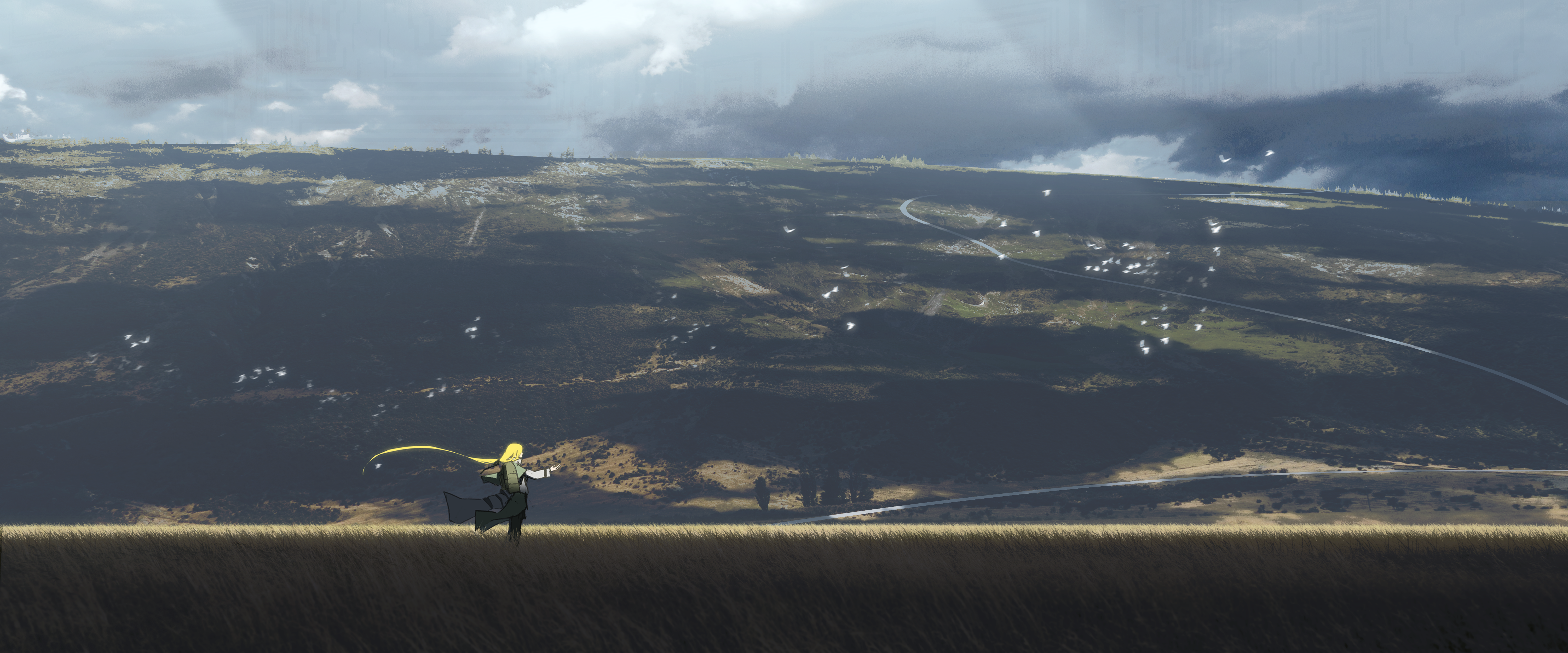 Anime girl with blonde hair in a field HD Wallpaper