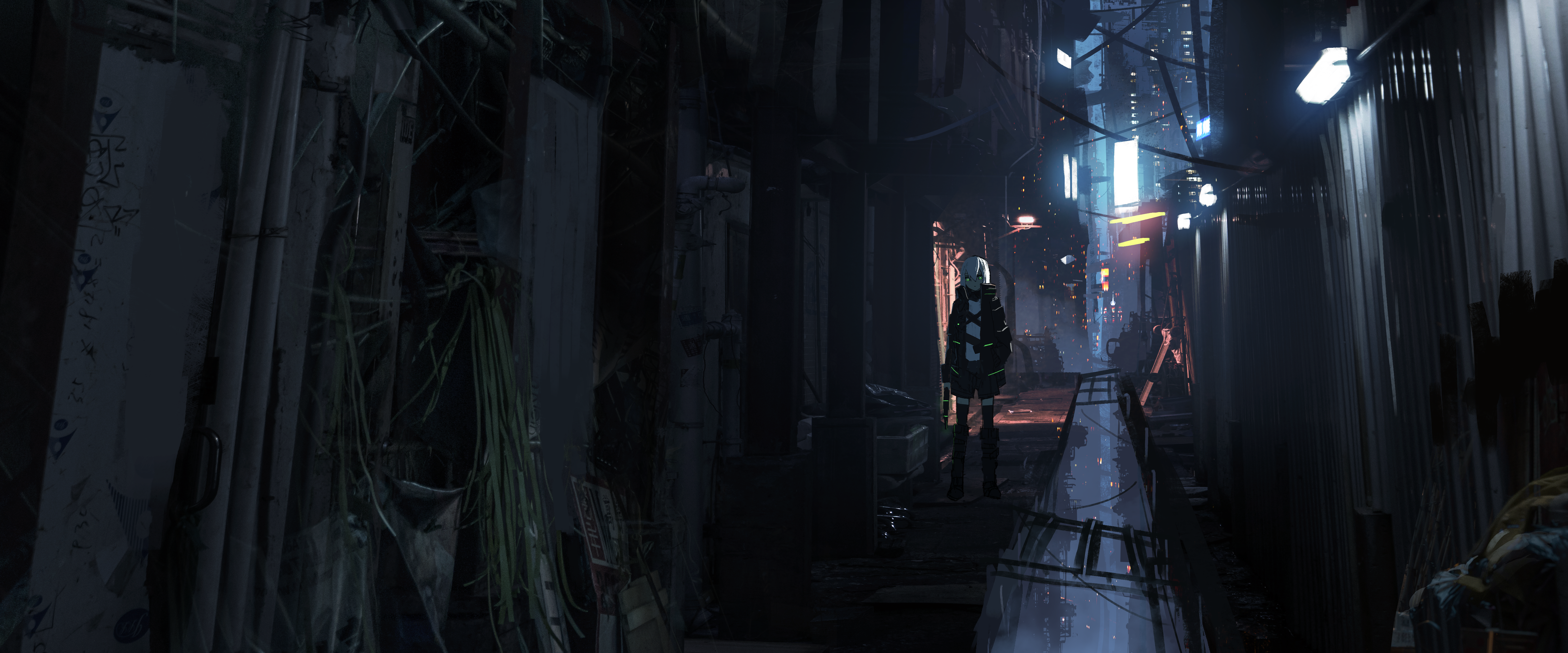 Anime character in a dark, futuristic alleyway HD Wallpaper