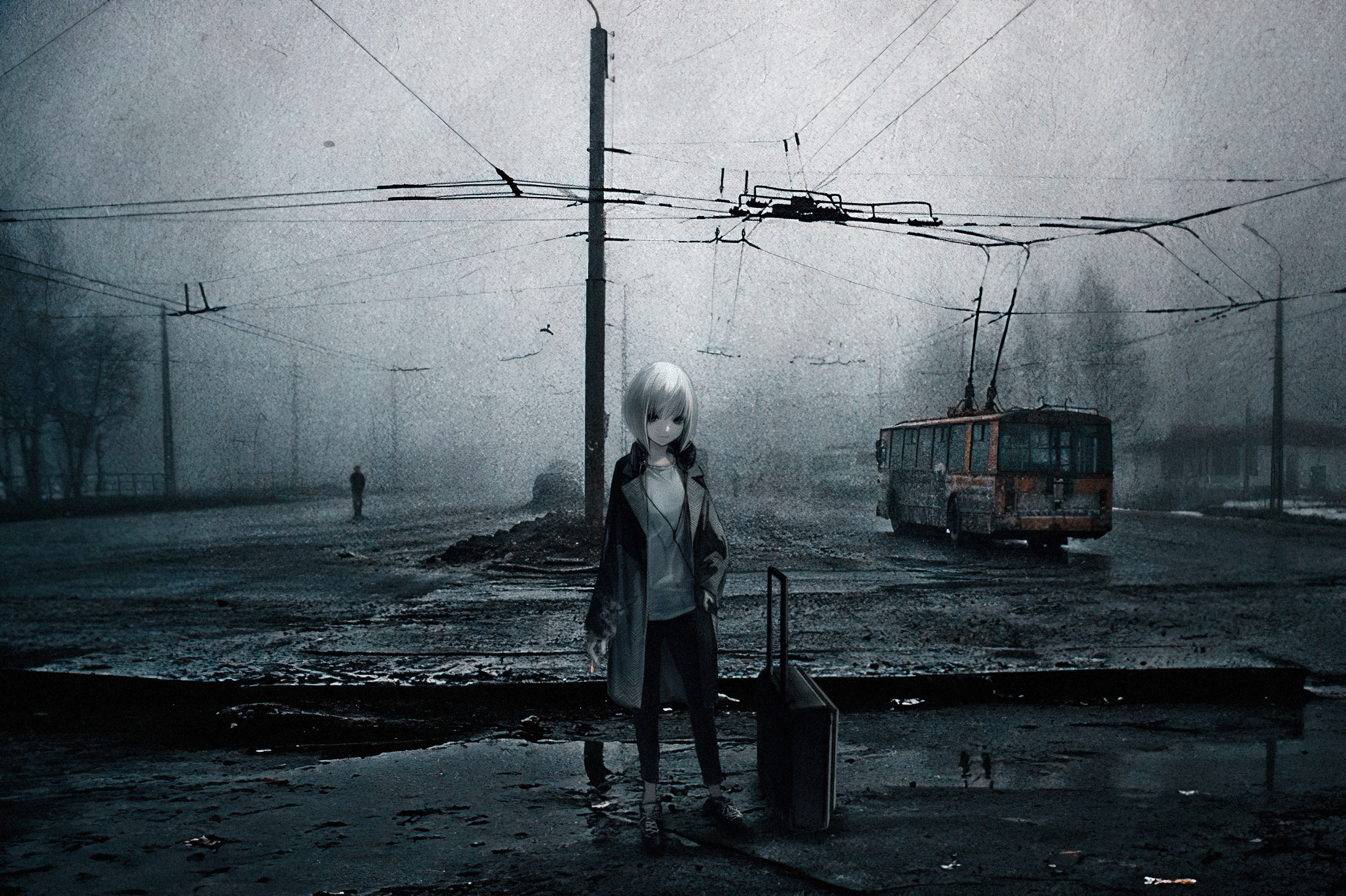 Anime girl with suitcase at trolleybus stop in Russia HD Wallpaper