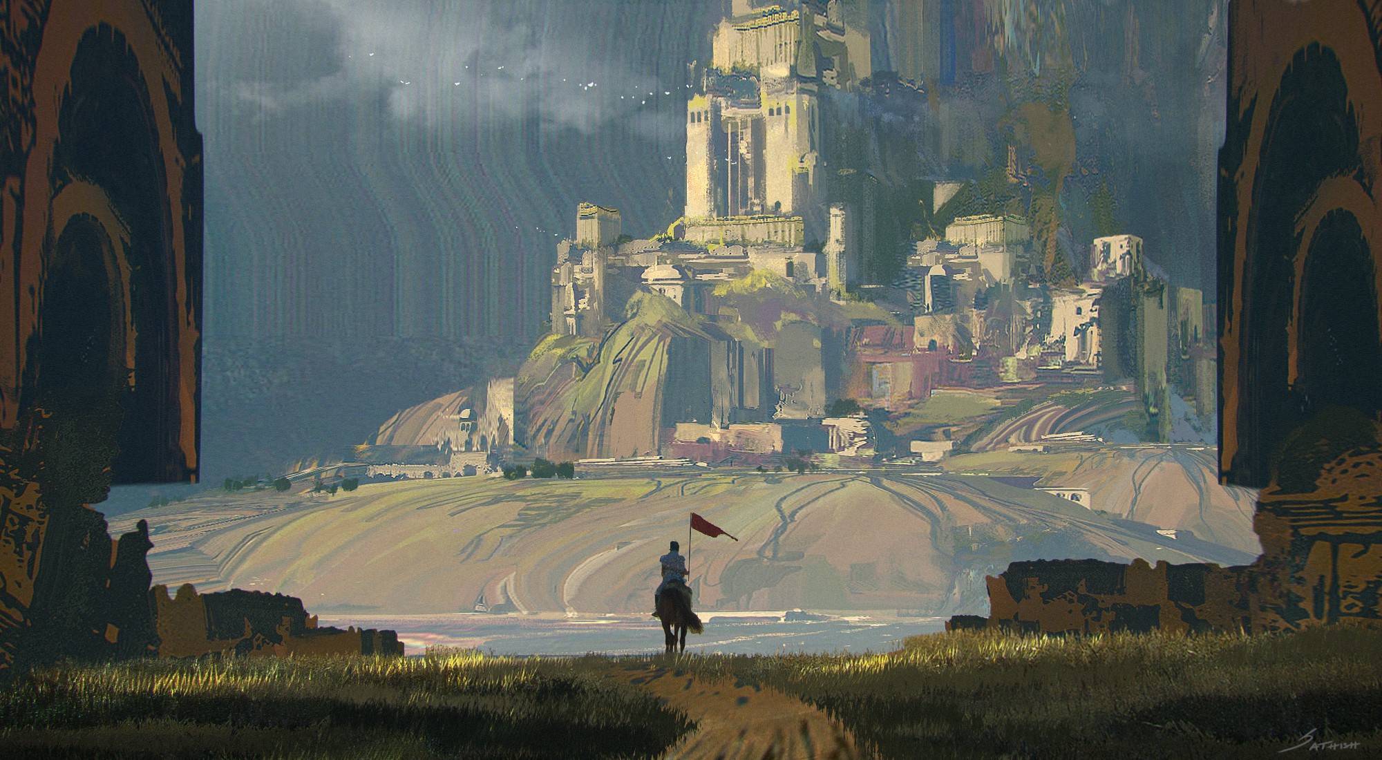 Knight with red flag approaching a castle on a hill HD Wallpaper