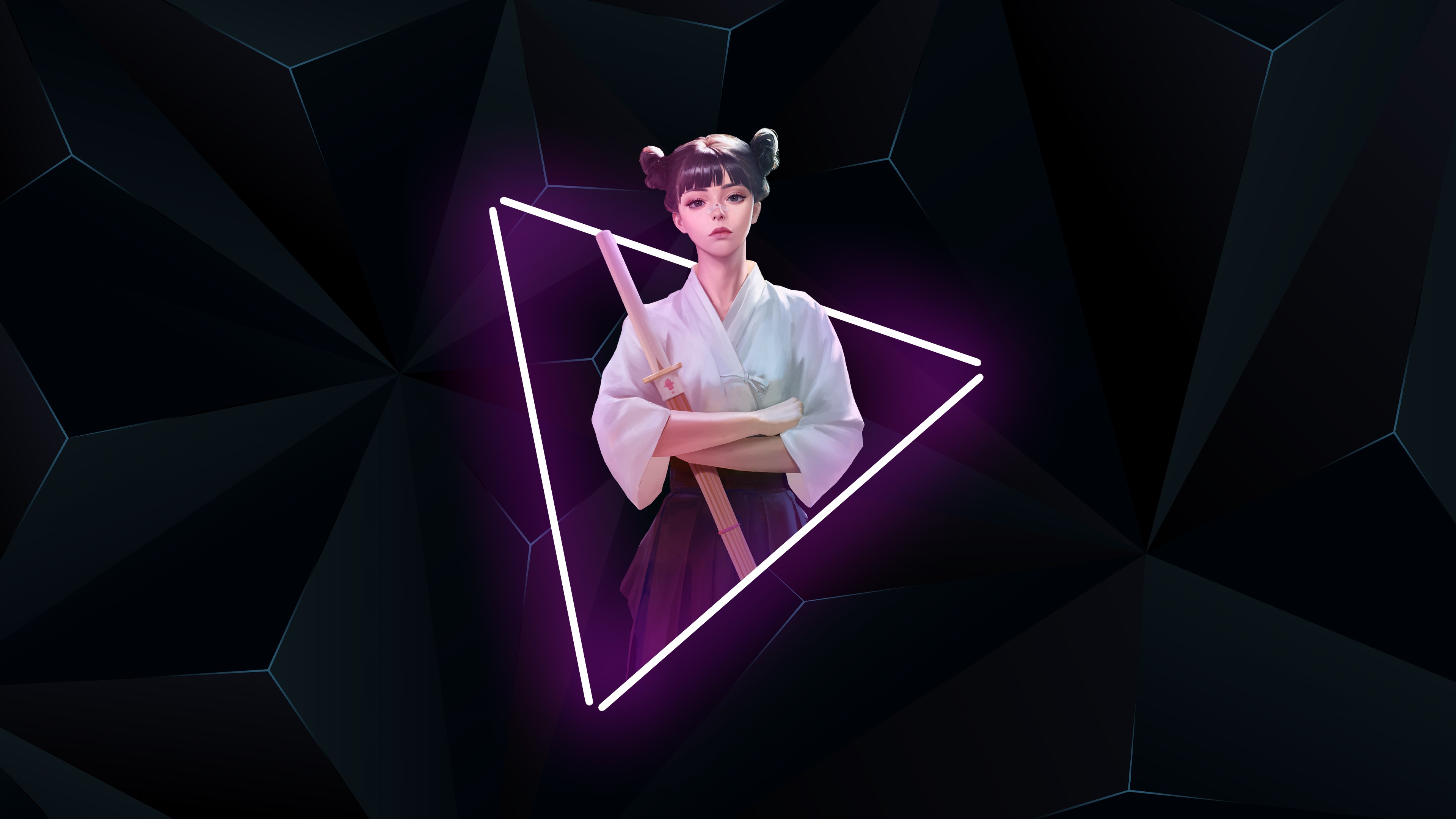 Girl with sword in neon triangle HD Wallpaper