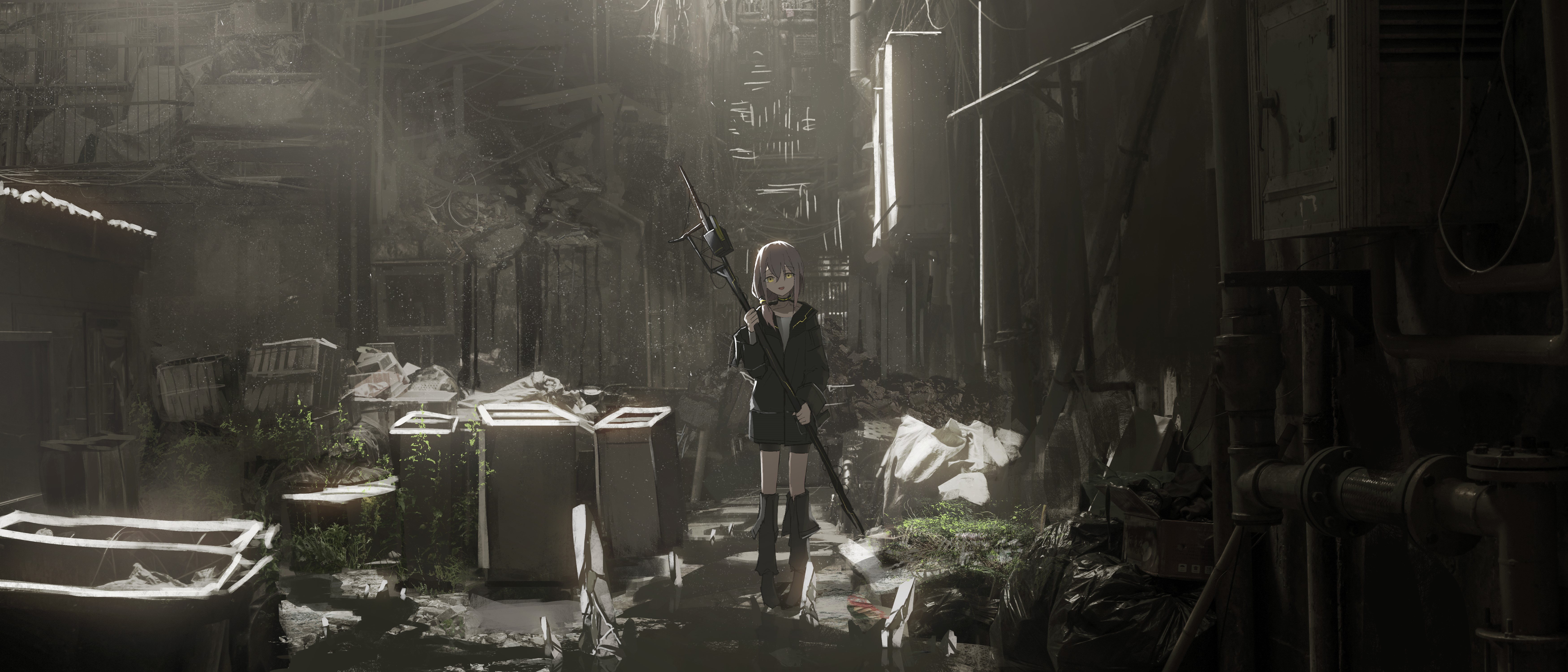 Anime girl with a spear in a ruined city HD Wallpaper
