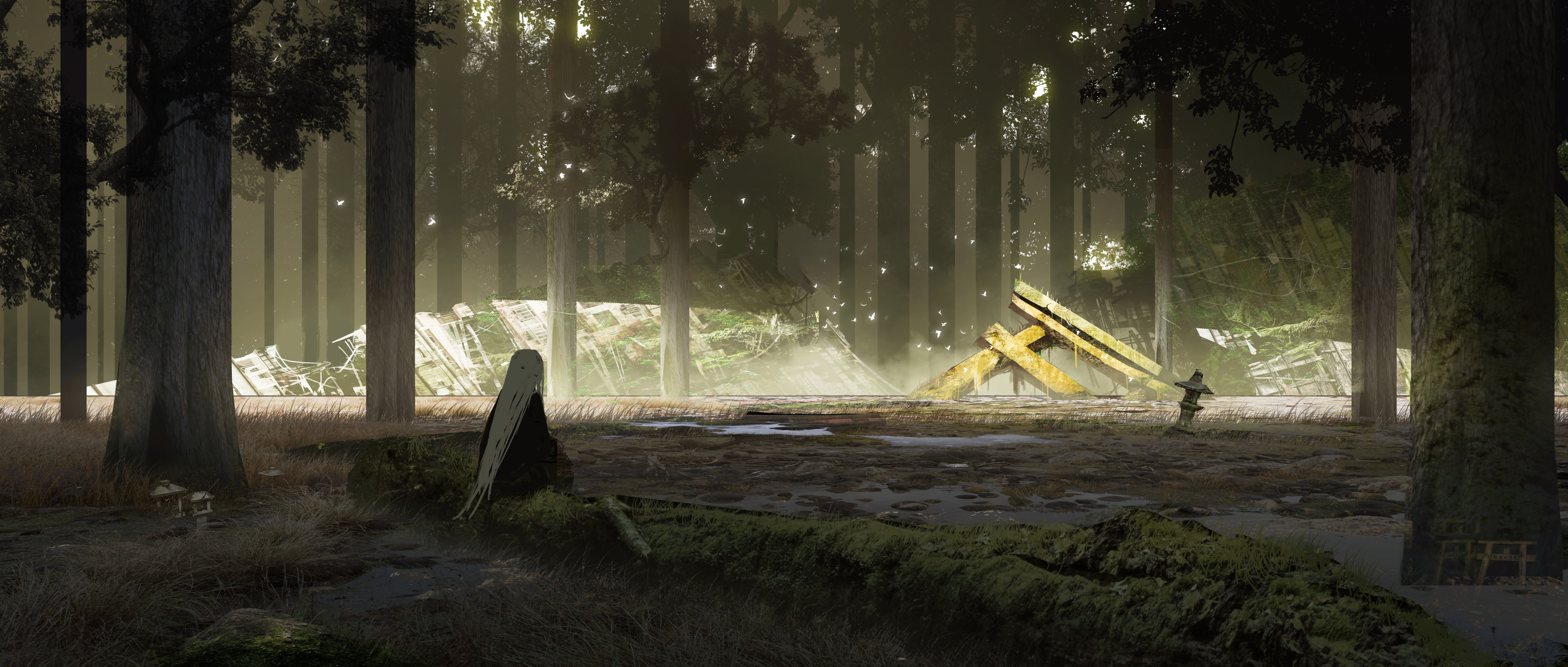Anime forest with ruins and figures HD Wallpaper