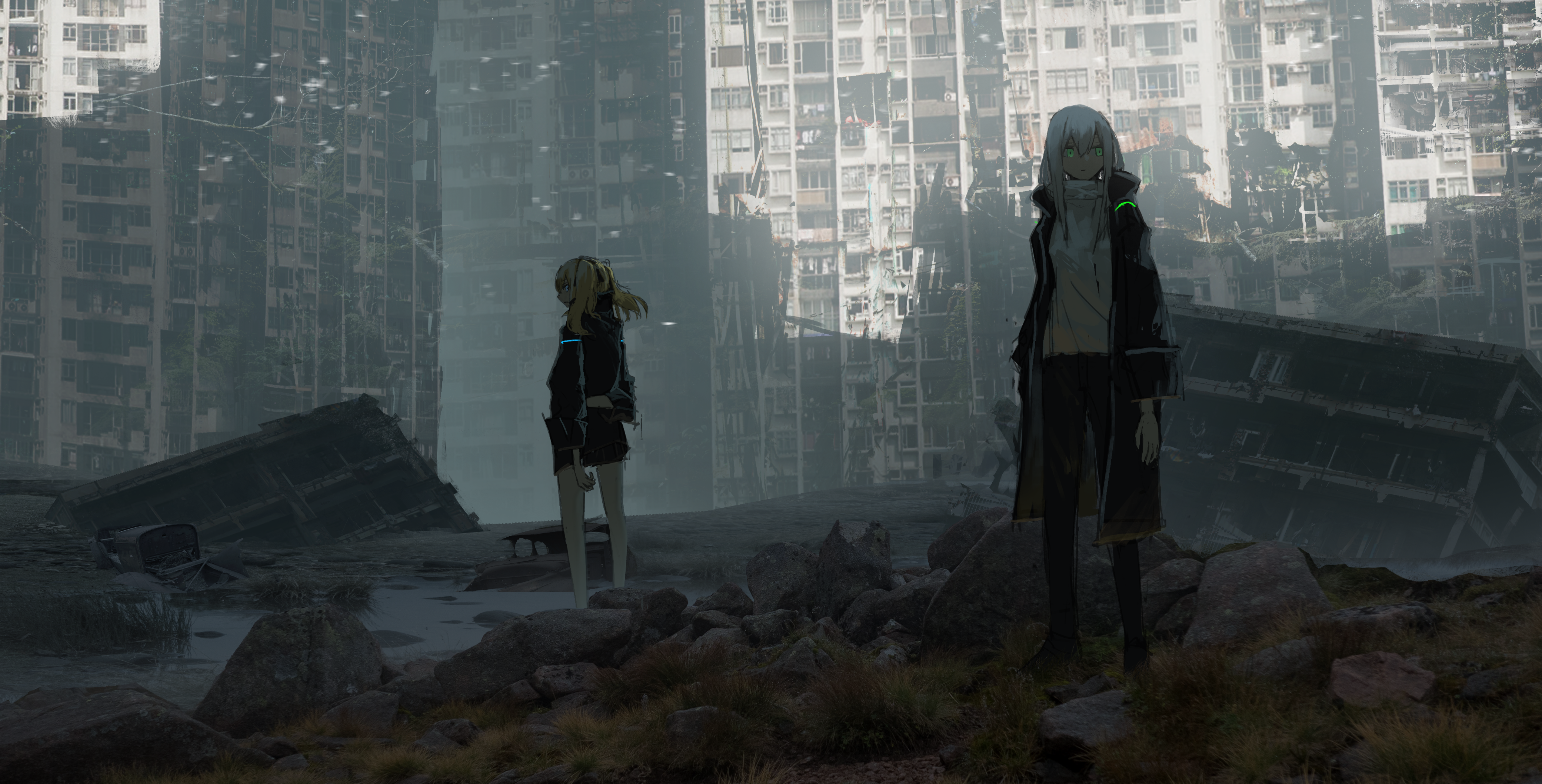 Anime girls in post-apocalyptic city ruins HD Wallpaper