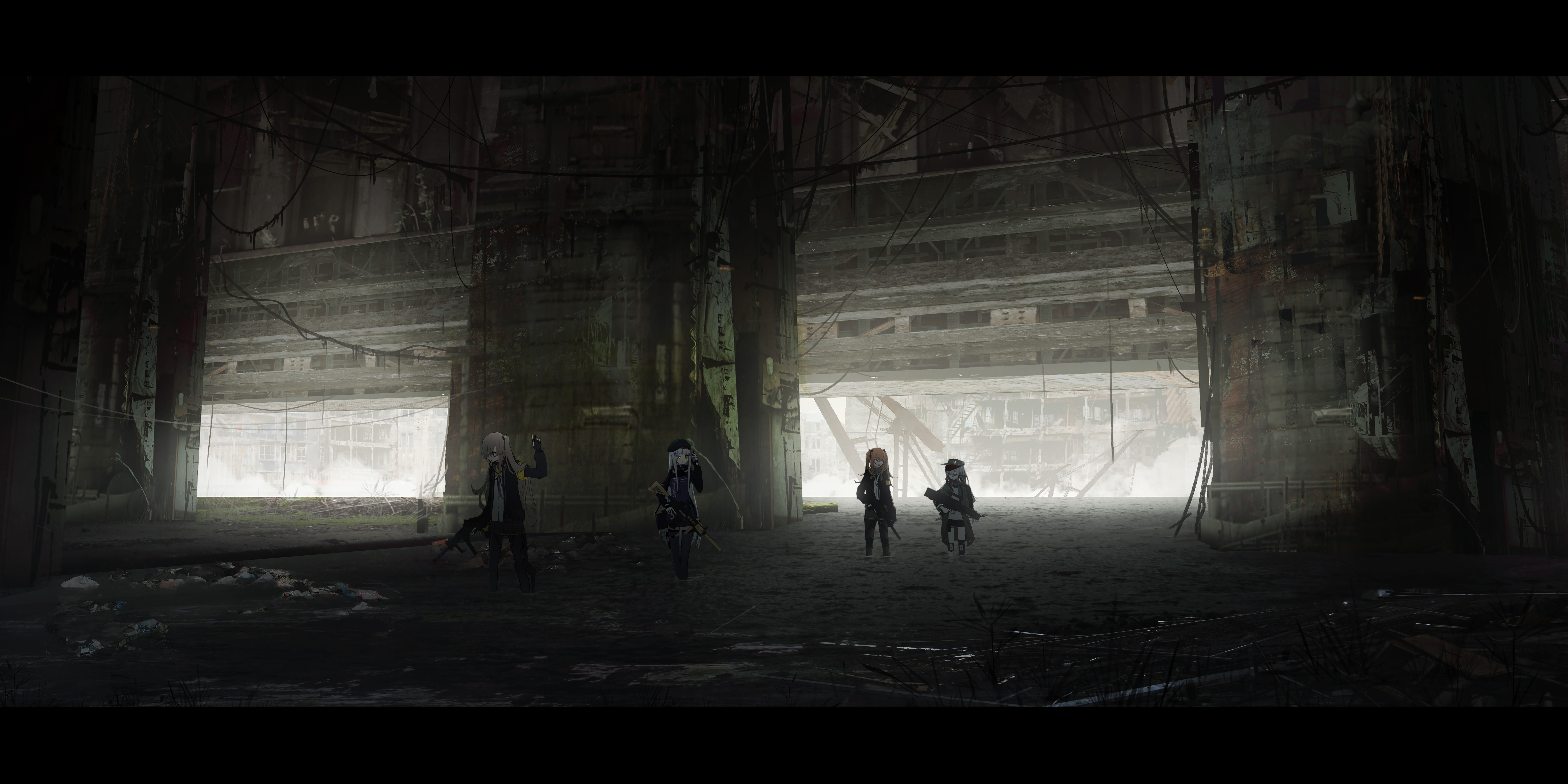 Girls Frontline characters in a ruined building HD Wallpaper