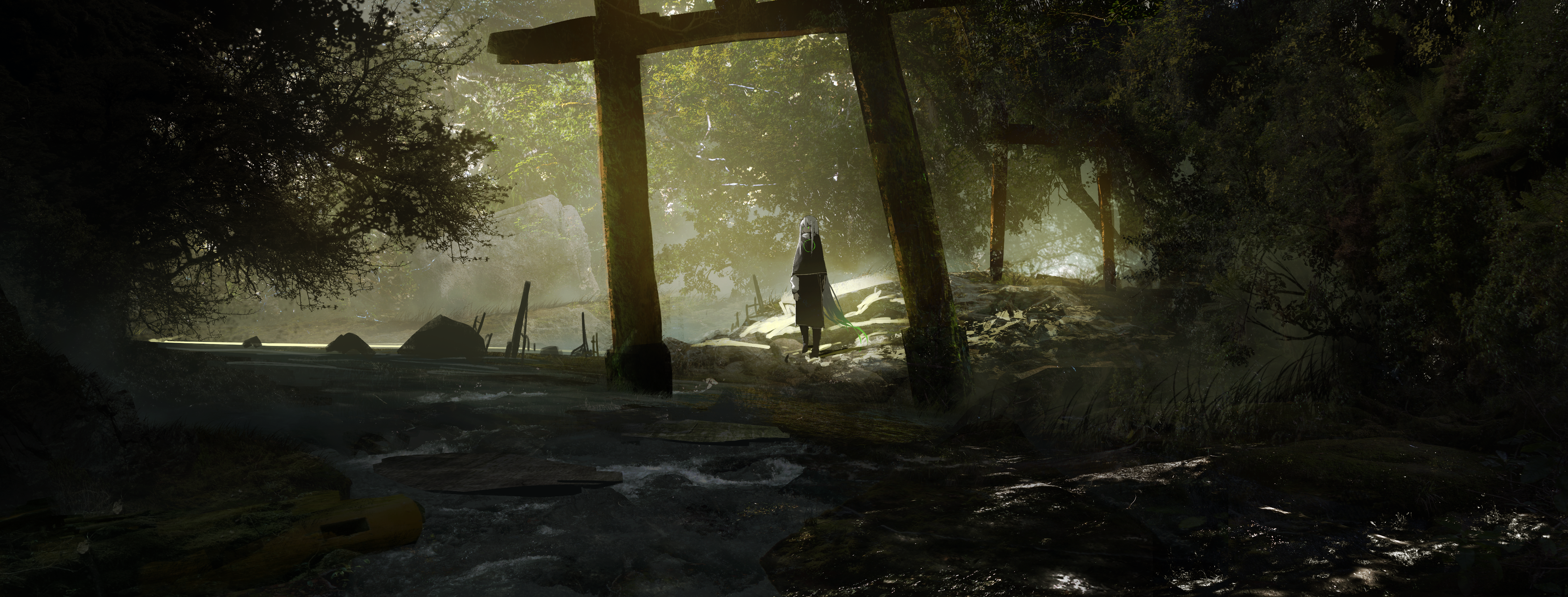 Anime character near a torii gate in a forest HD Wallpaper