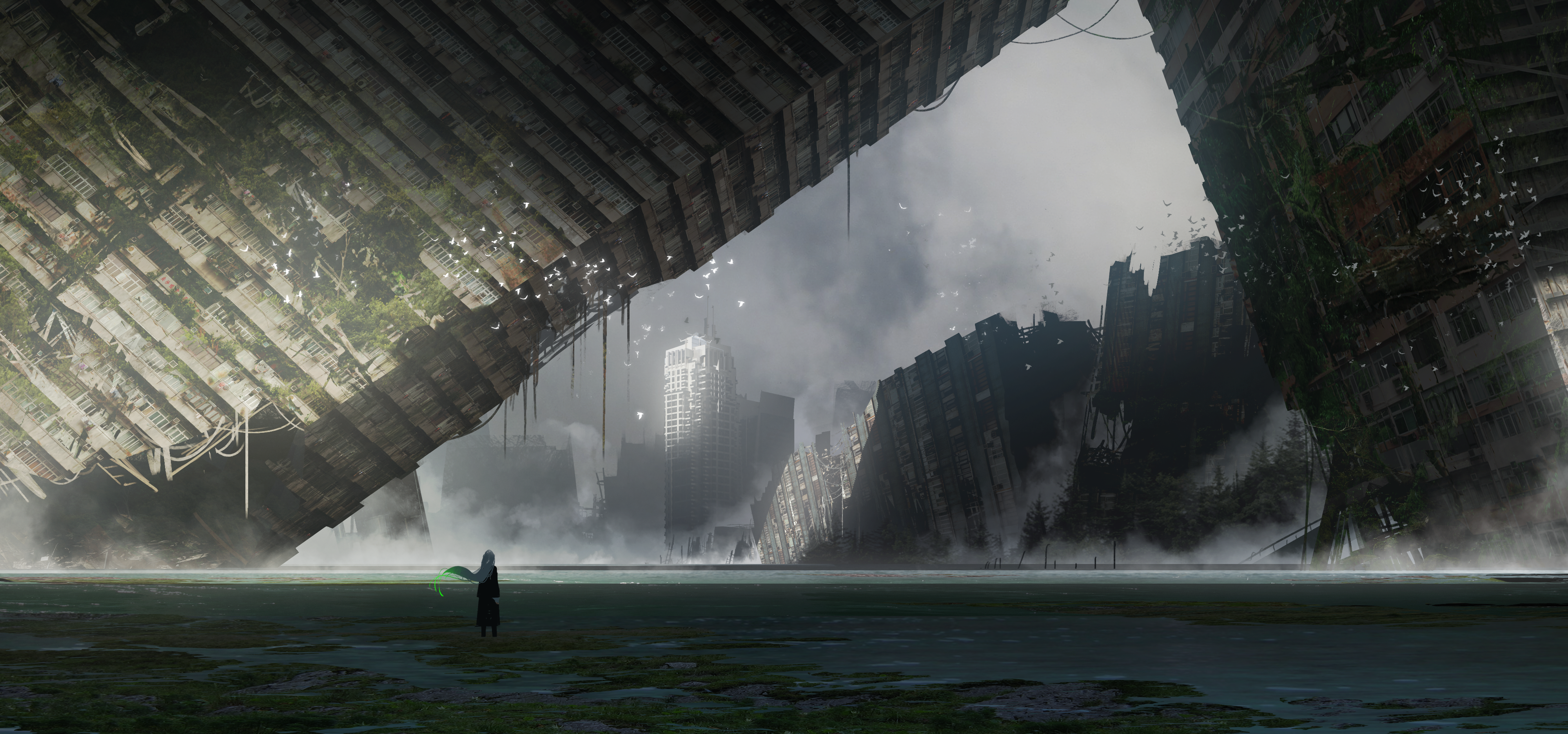 Ruined city with a lone figure HD Wallpaper
