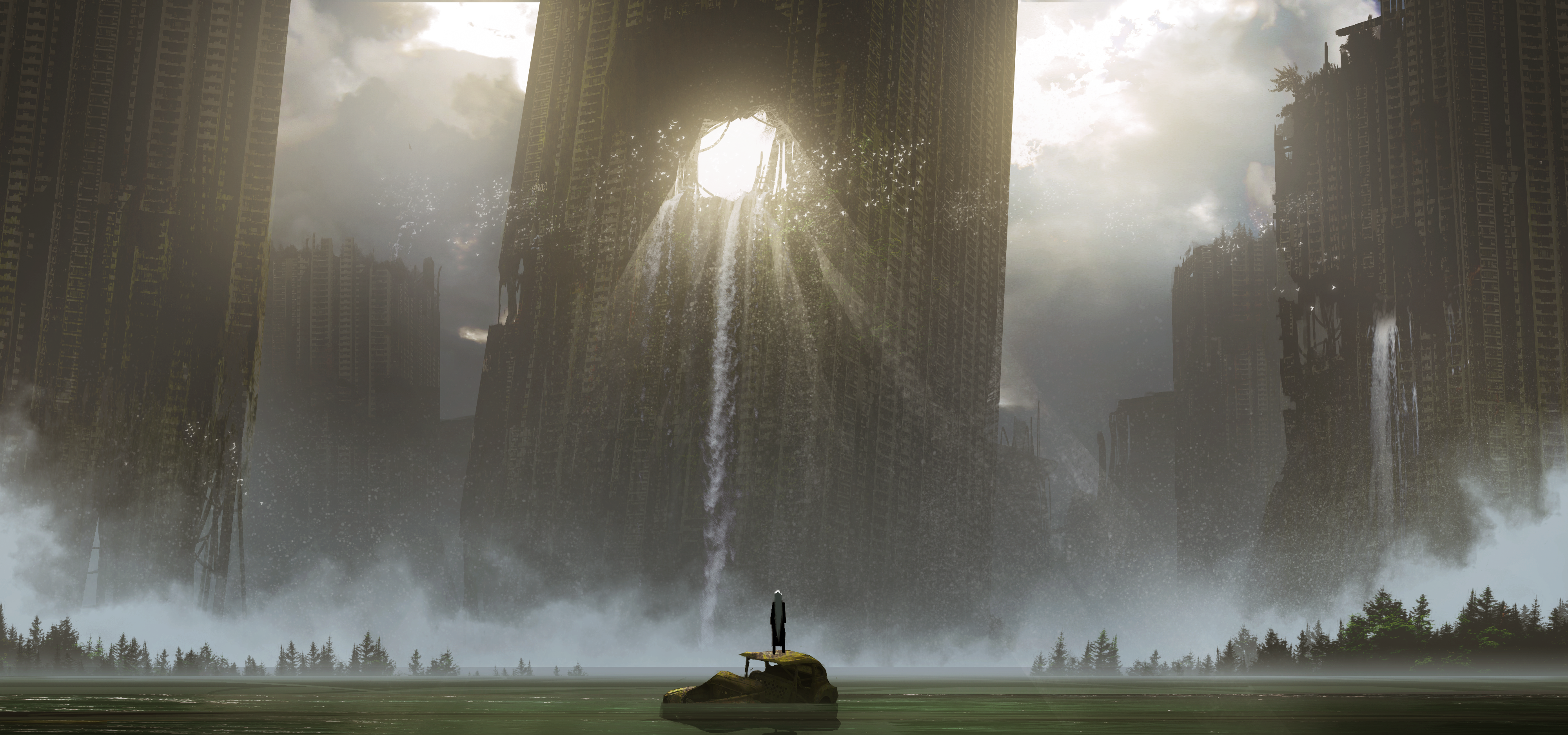 4K Anime Post-Apocalyptic Cityscape with Waterfall HD Wallpaper
