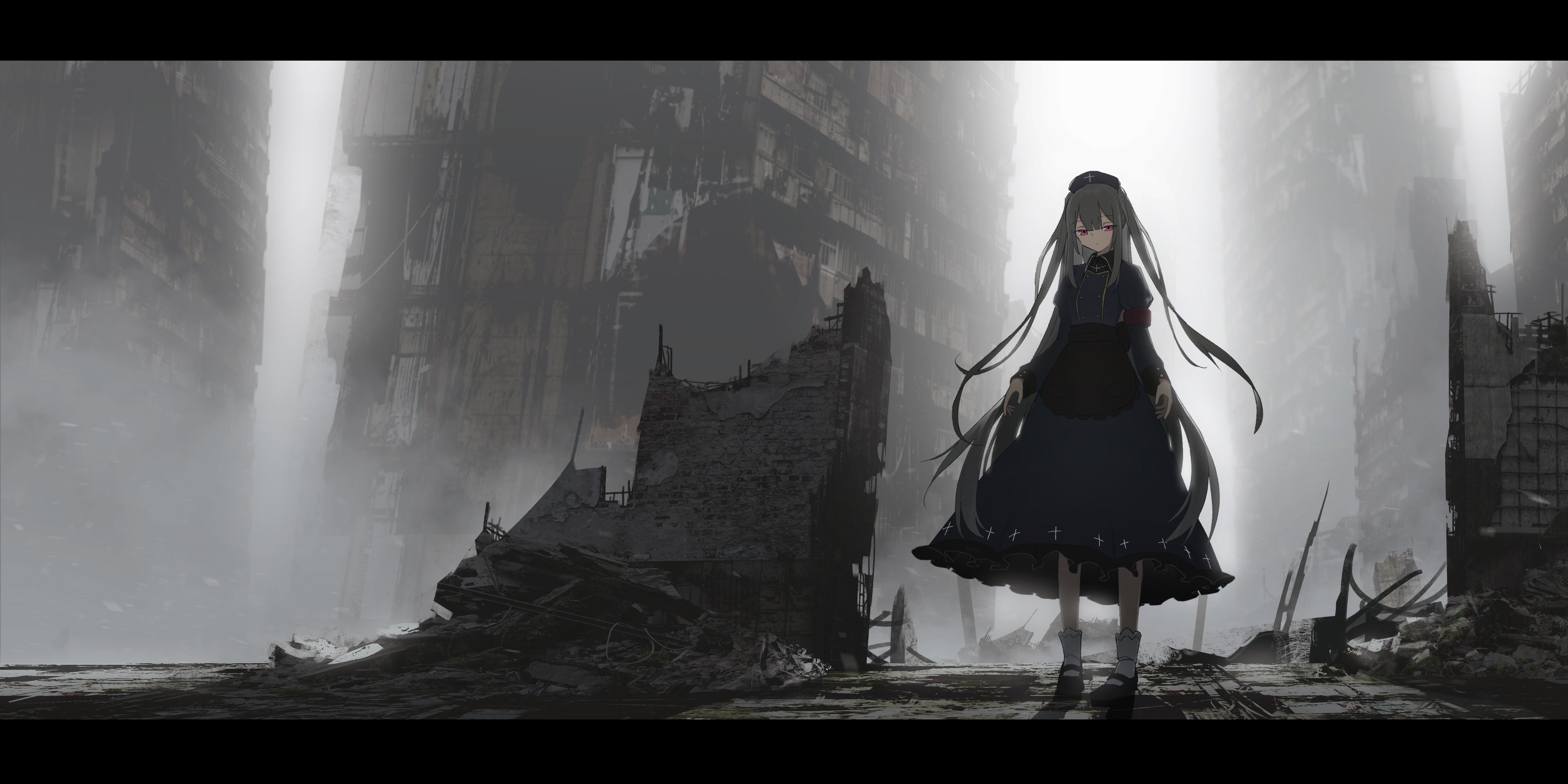 Anime girl in post-apocalyptic city HD Wallpaper