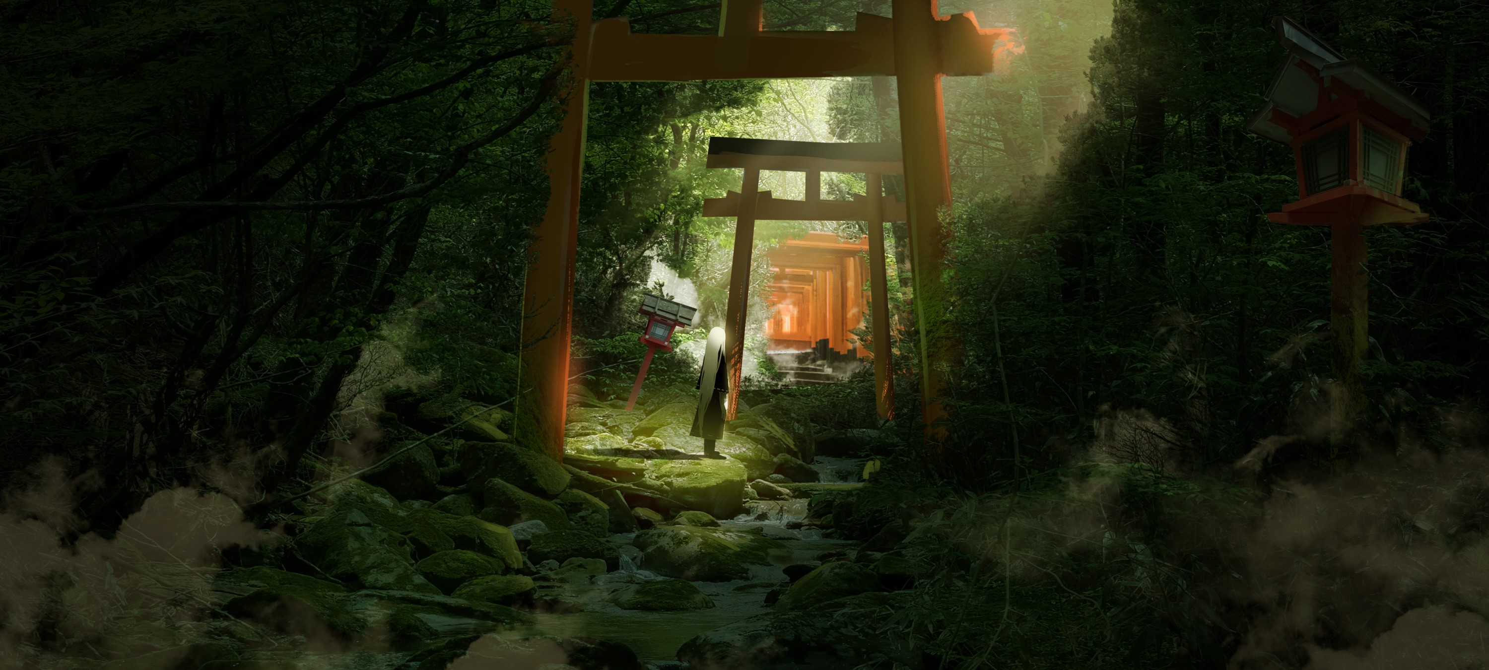 Person in white robe walking through Torii gates in forest HD Wallpaper