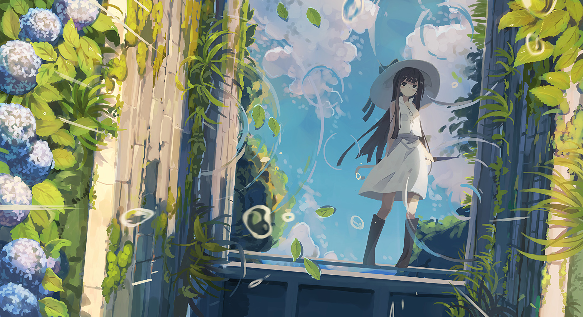 Anime girl in a white dress and hat in the rain HD Wallpaper