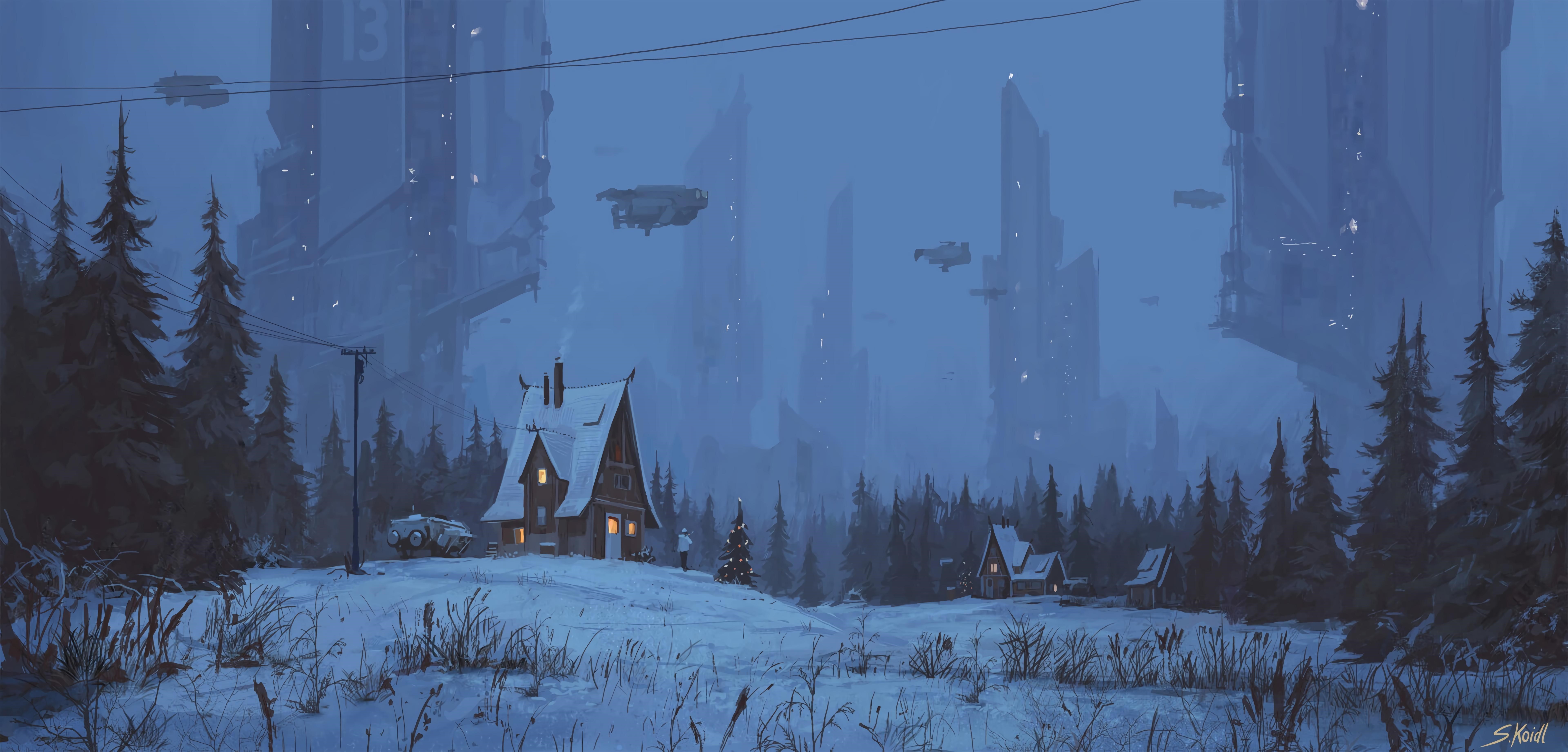 Futuristic winter landscape with cabins and flying vehicles HD Wallpaper