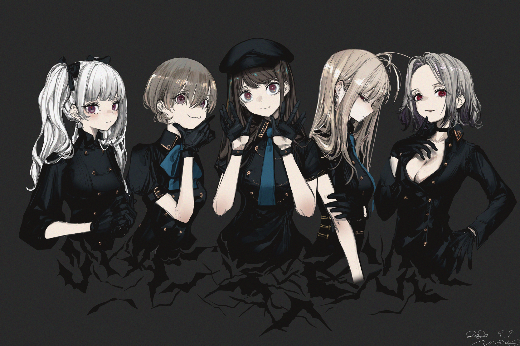 Five anime girls in black uniforms with bat wings HD Wallpaper
