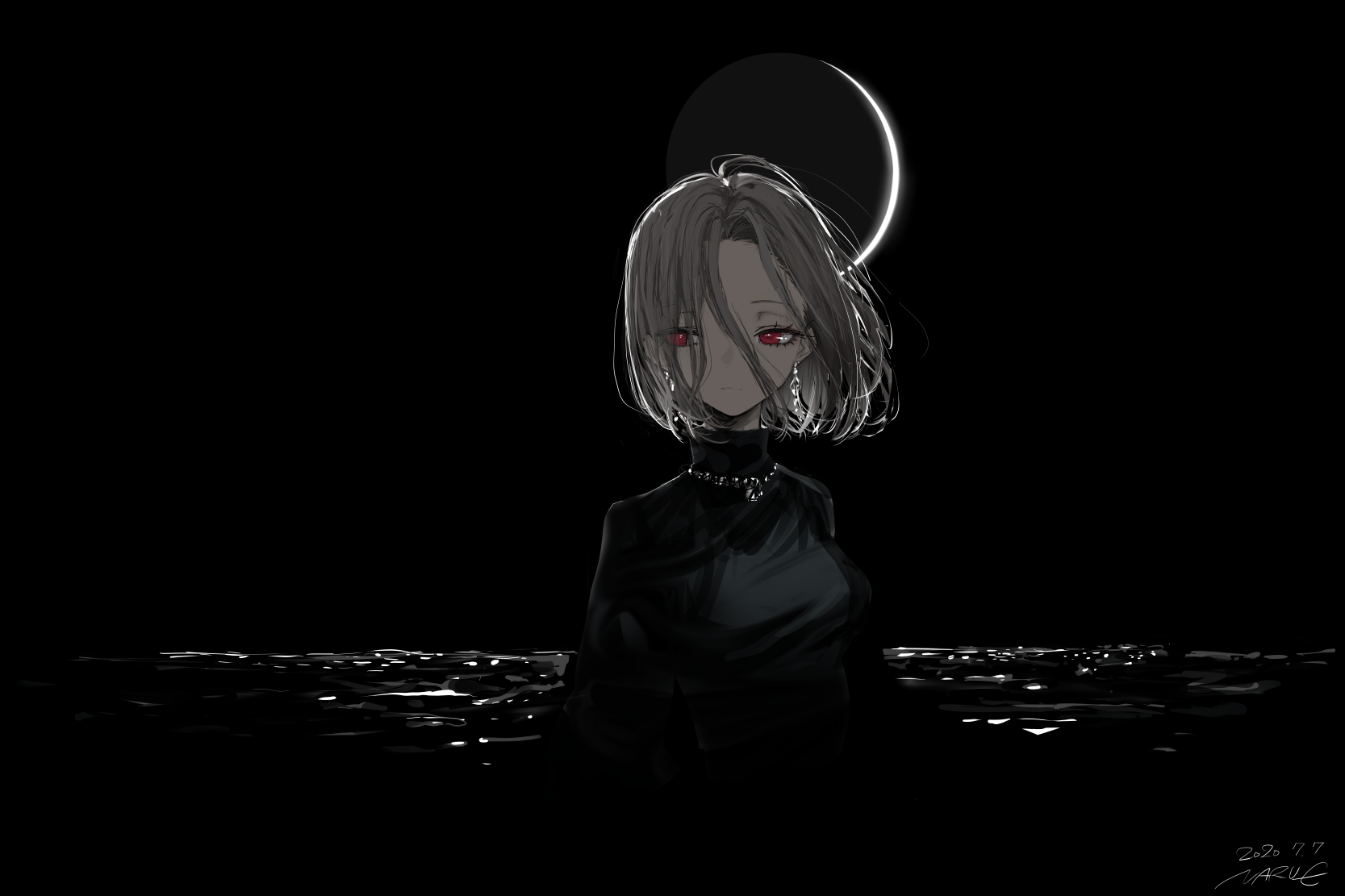 Anime Girl with Red Eyes and Moon HD Wallpaper
