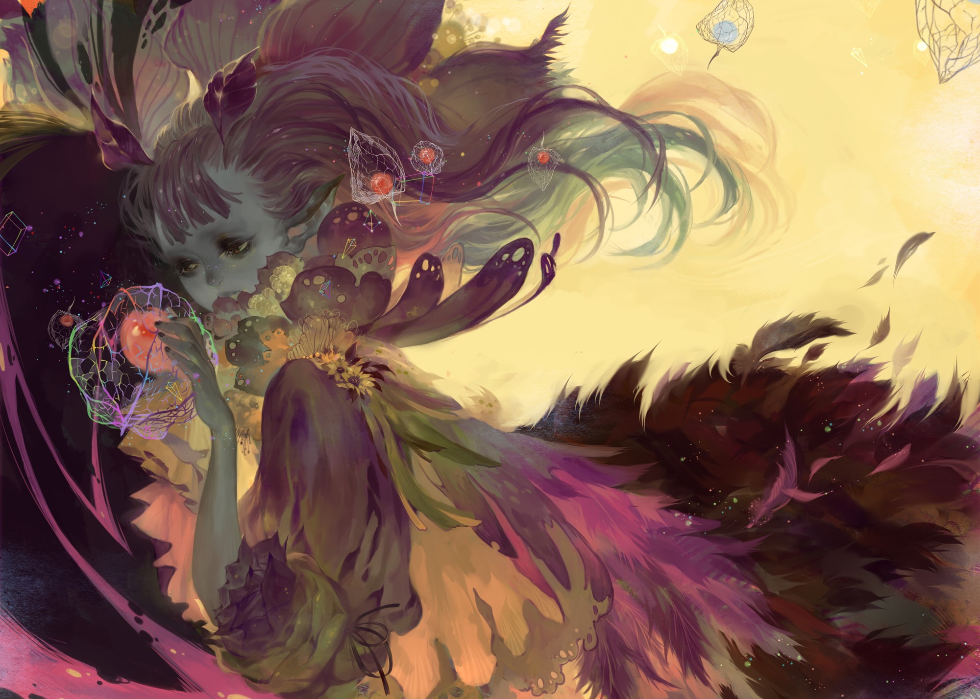 Fantasy girl with gray hair and feathers holding a glowing orb HD Wallpaper
