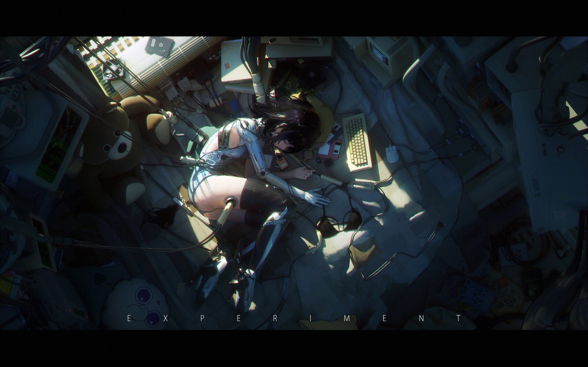 Cyborg girl sleeping among retro computers and wires HD Wallpaper