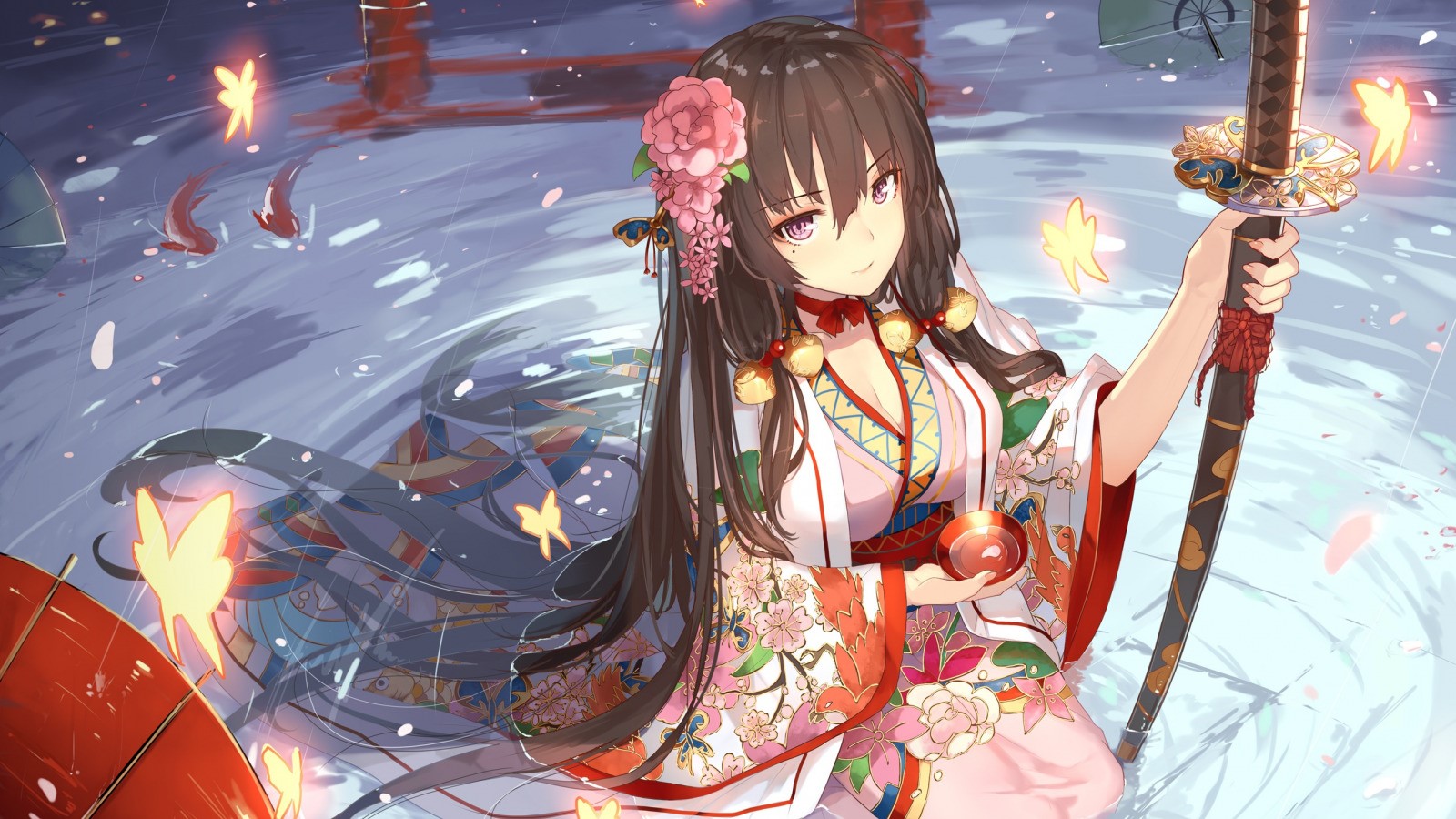 Anime girl with katana in kimono HD Wallpaper