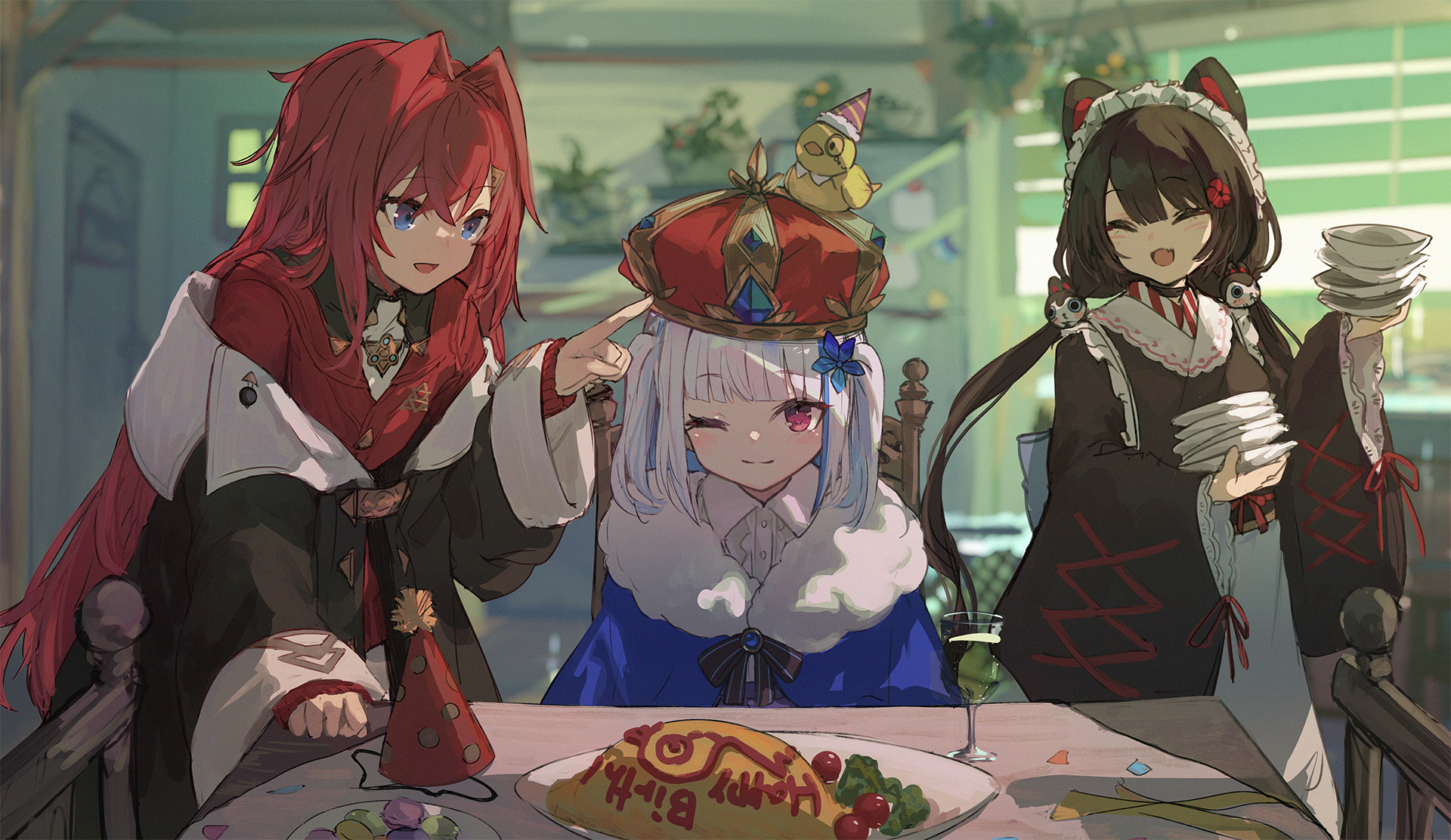 Anime girls celebrating with a birthday cake and crown HD Wallpaper