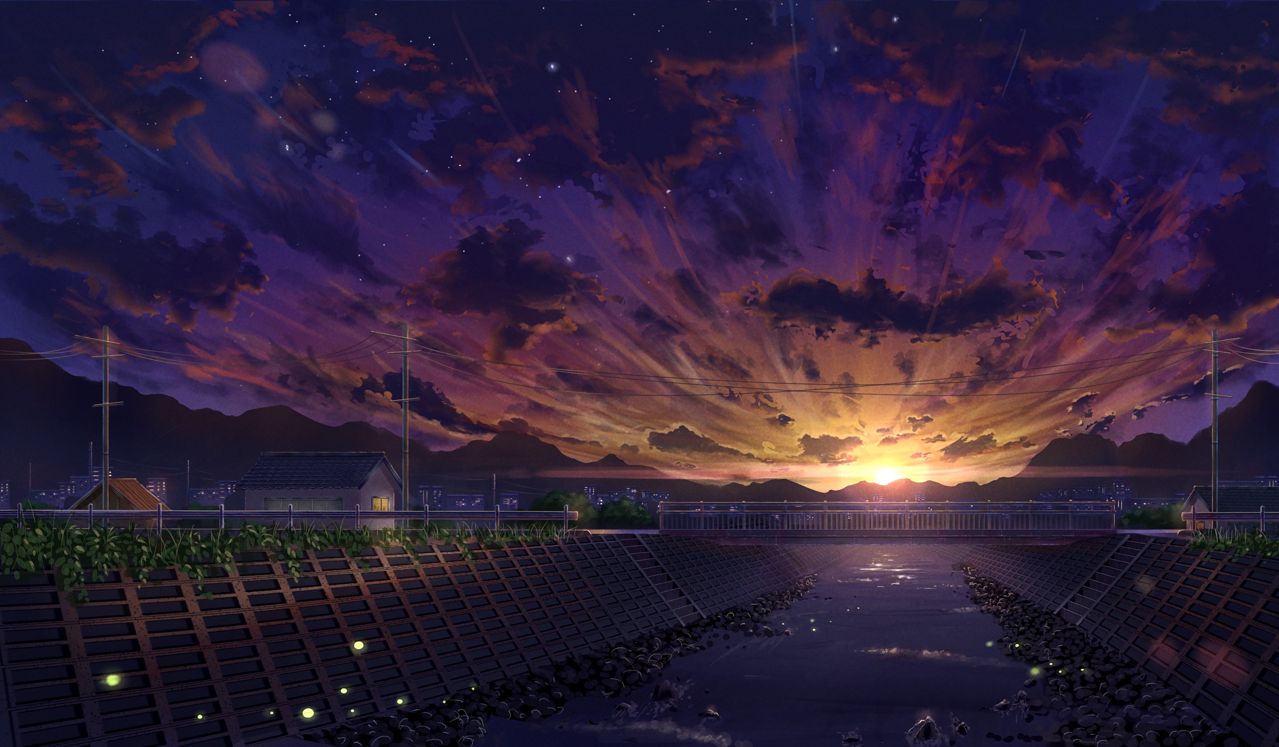 Anime landscape with river and sunset sky HD Wallpaper