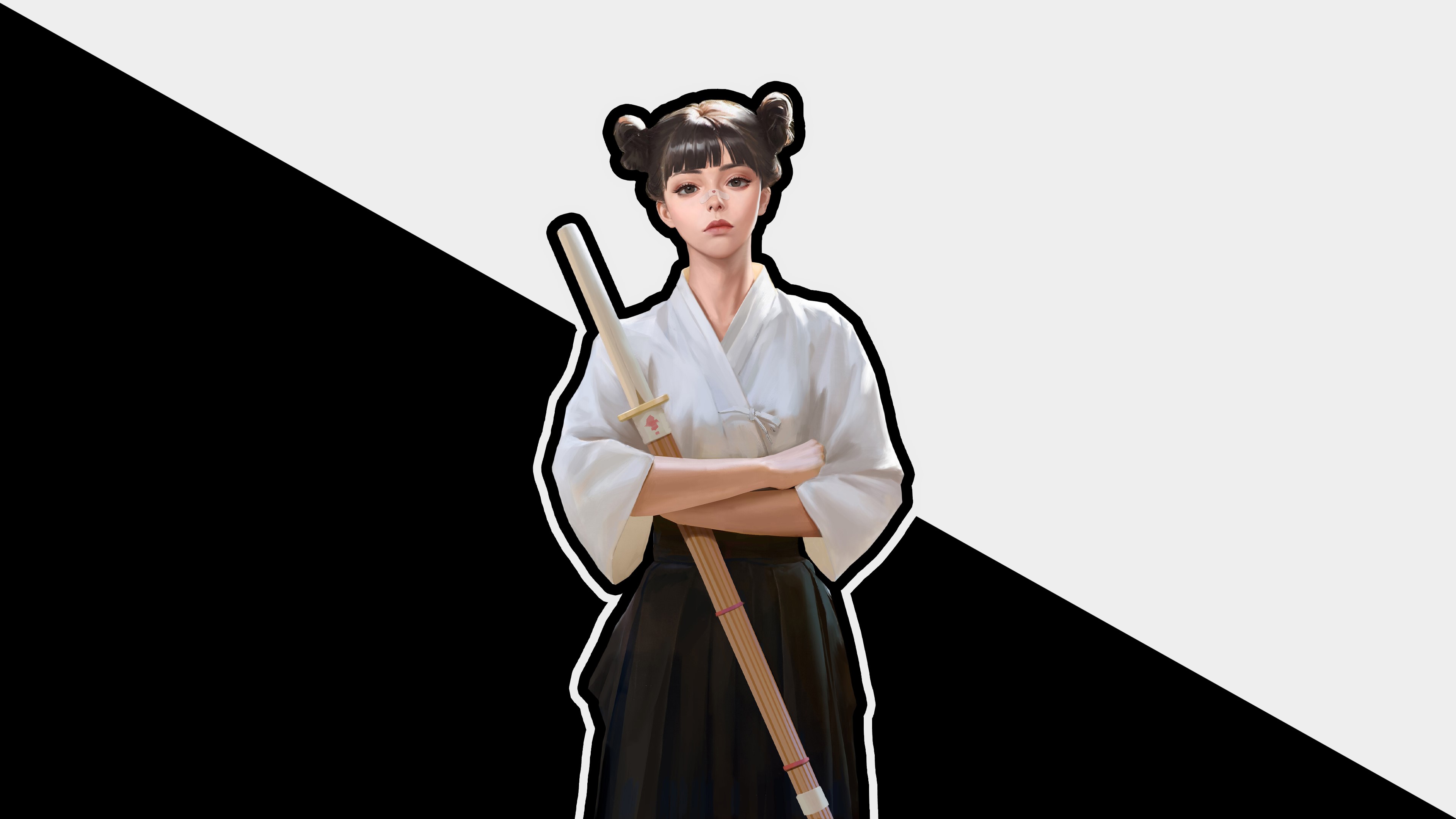 Girl with Shinai and Blunt Bangs HD Wallpaper