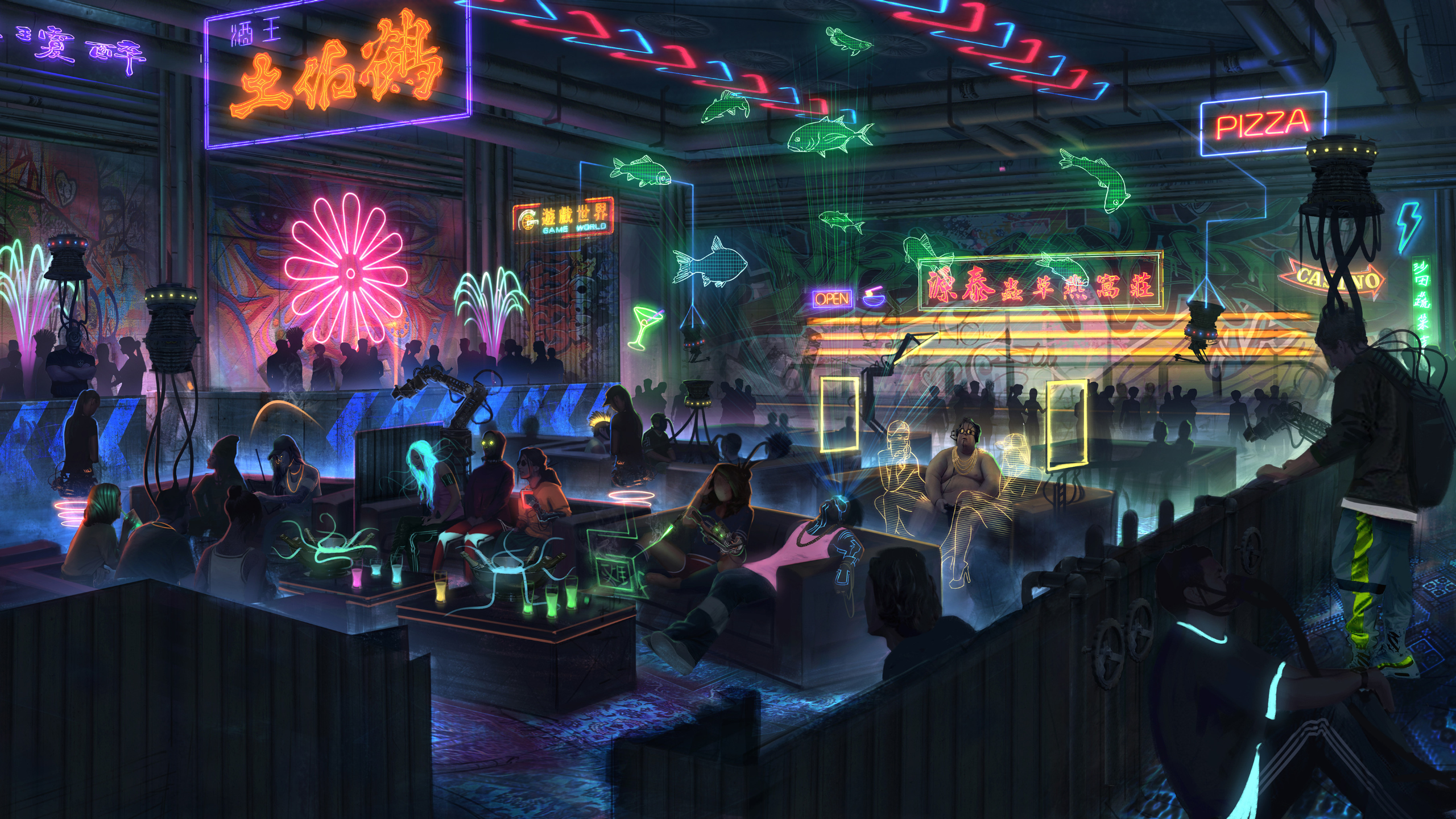 Cyberpunk neon bar with people and holographic projections HD Wallpaper