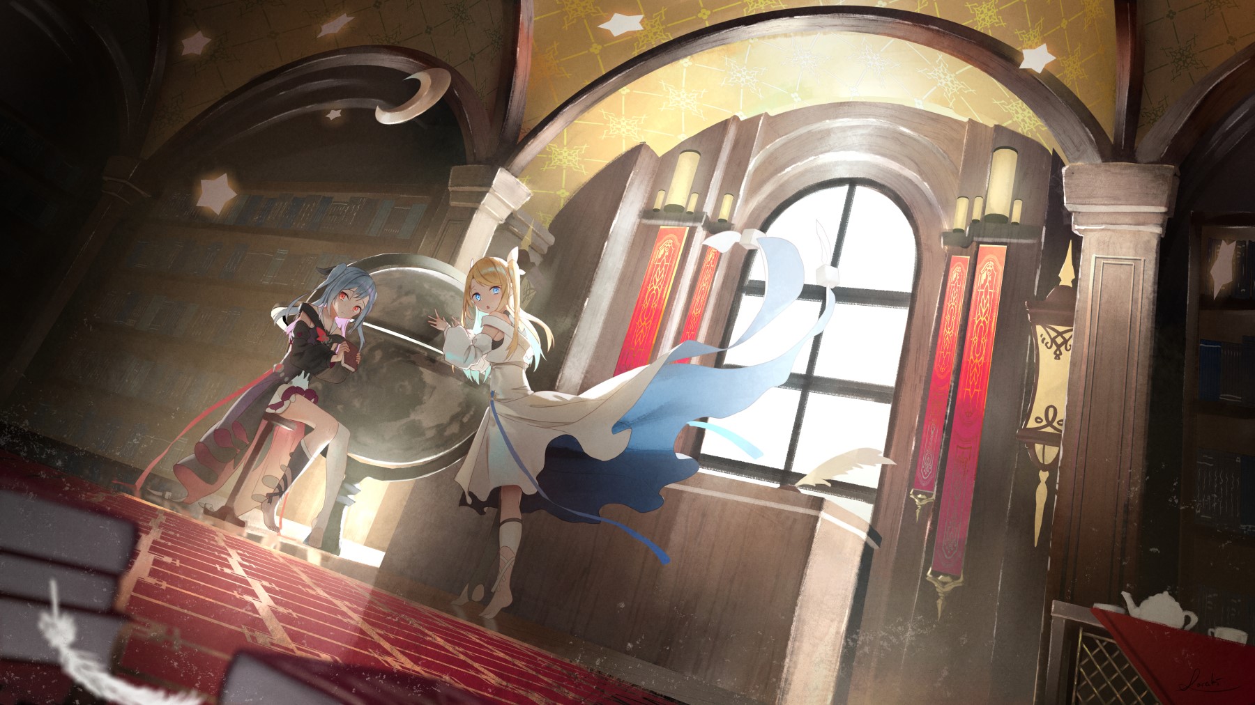 Two anime girls in a library with large window HD Wallpaper