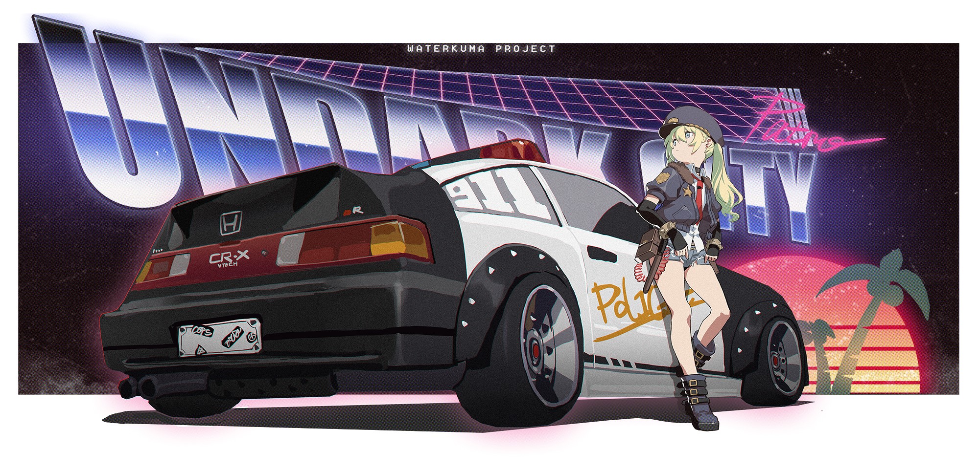 Anime police girl with Honda CRX in synthwave city HD Wallpaper