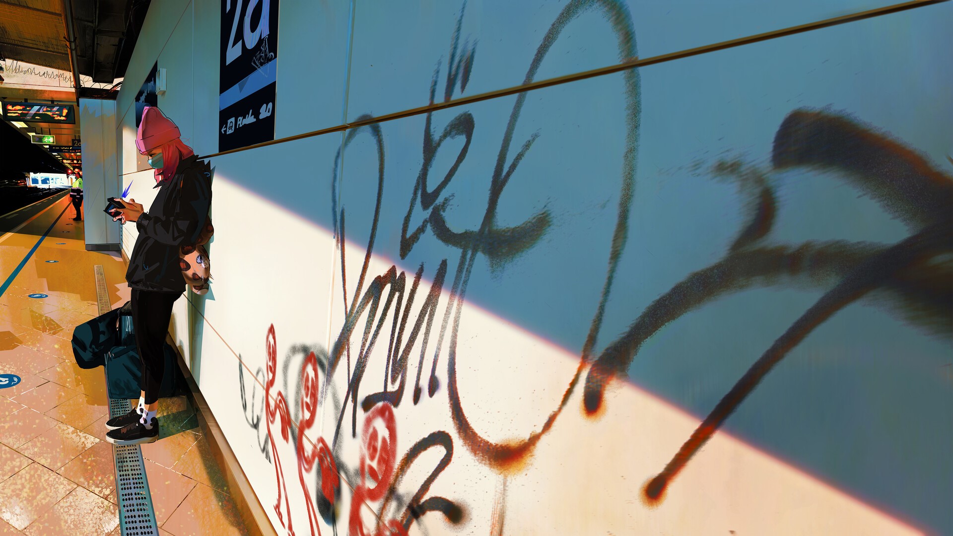 Person at train station with graffiti HD Wallpaper