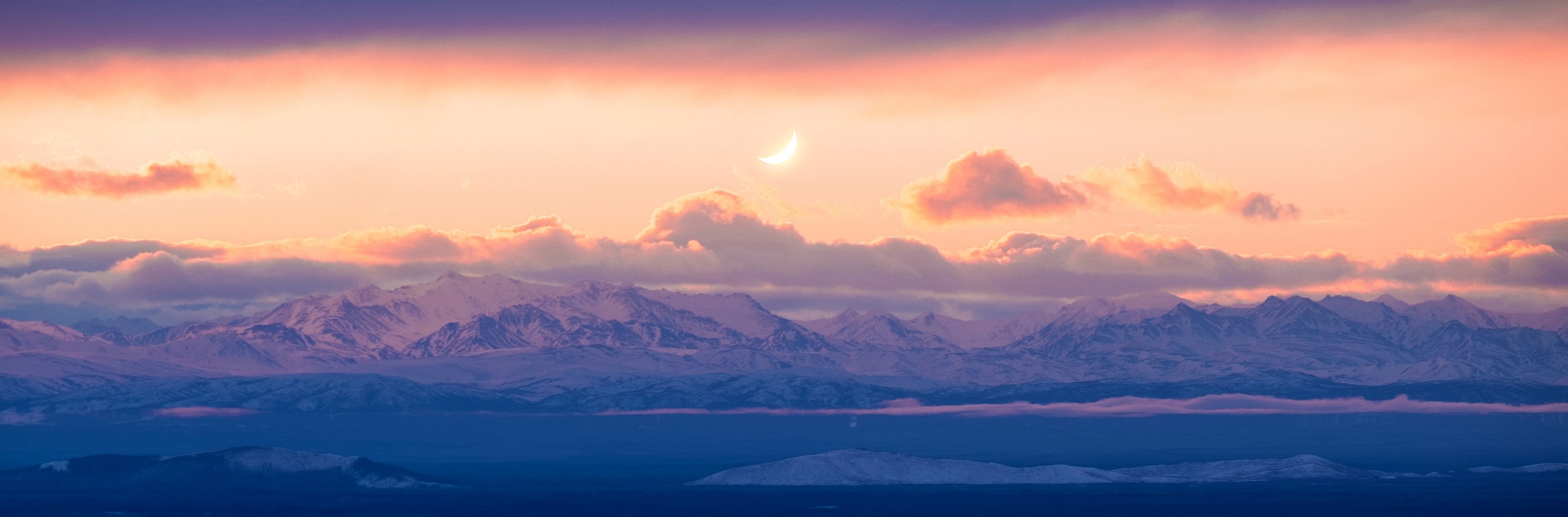 4K Moon over Snowy Mountains at Sunset HD Wallpaper