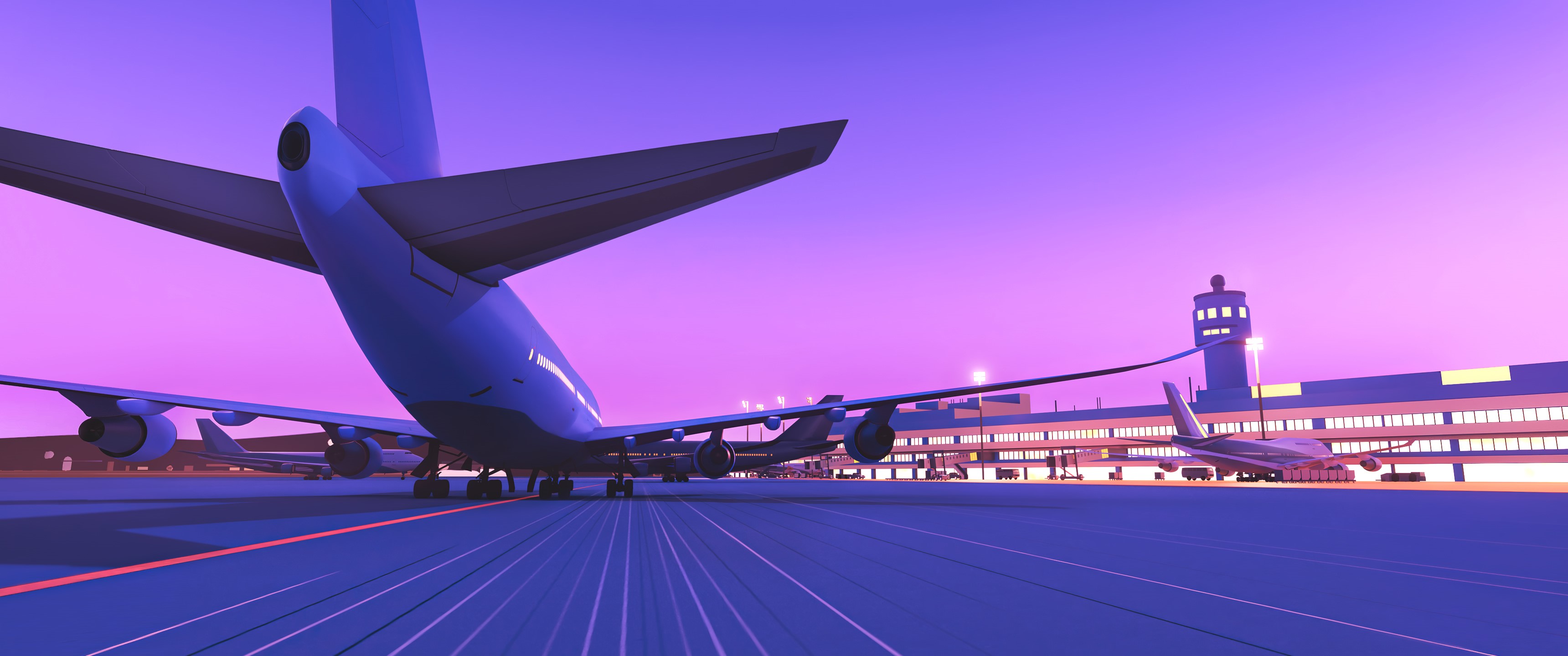Digital art of an airport at sunset with airplanes HD Wallpaper