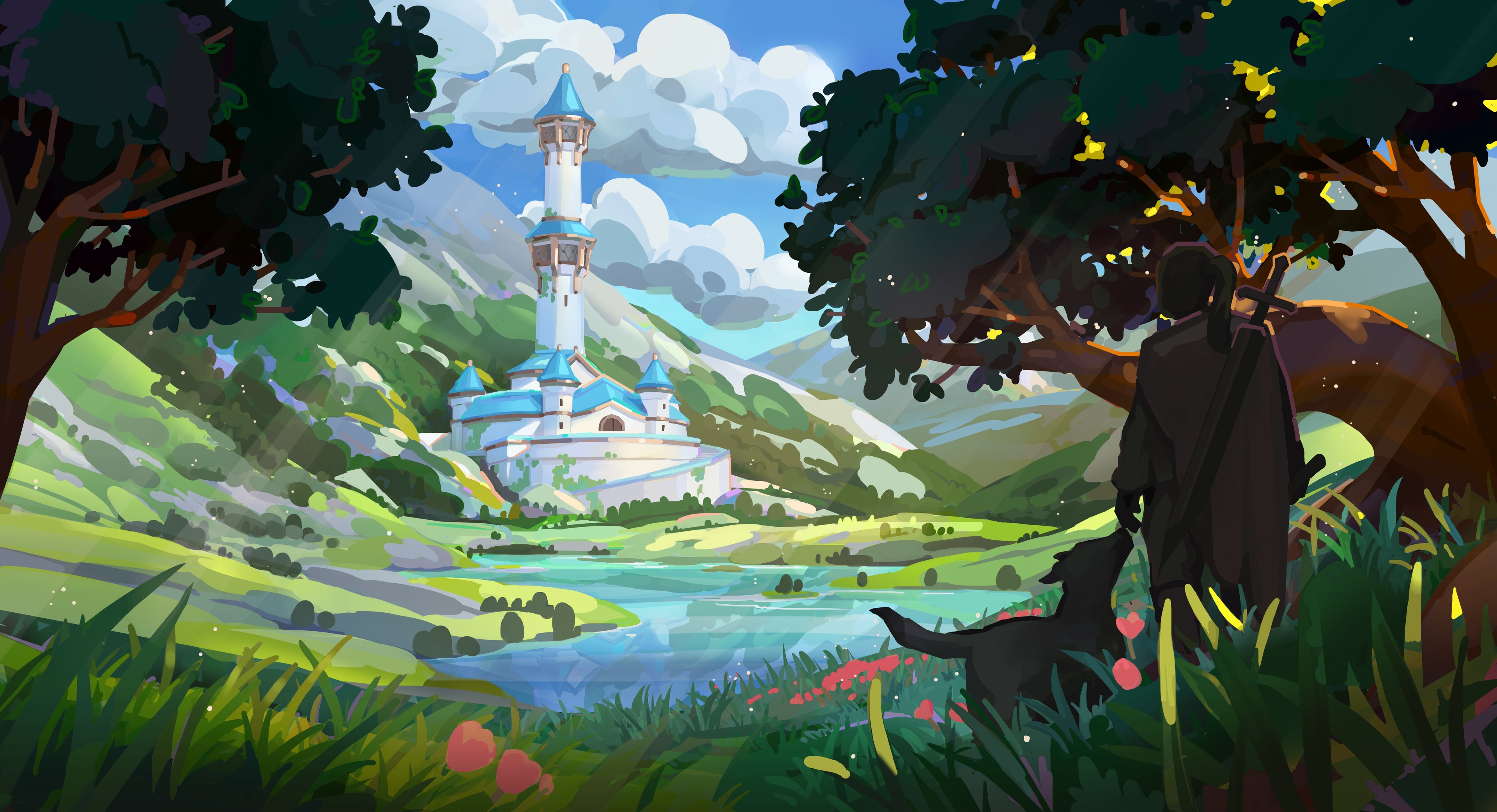 Fantasy landscape with a castle and a person with a dog HD Wallpaper
