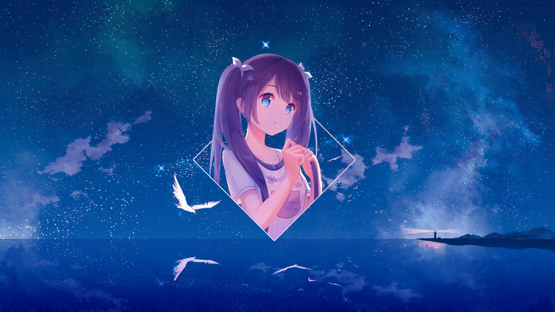 Anime girl with pigtails in a diamond frame over the ocean at night HD Wallpaper