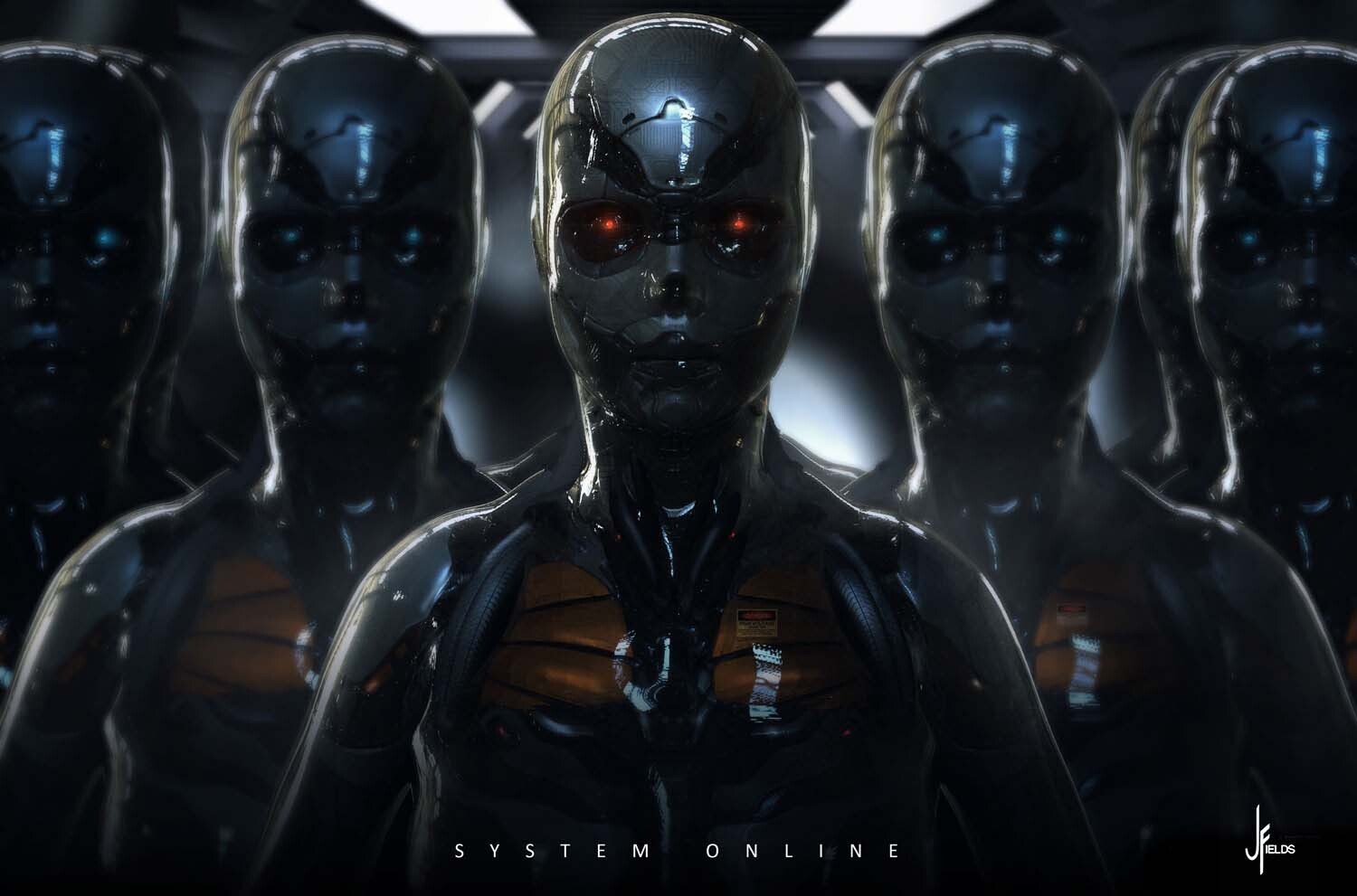 Robots with red eyes and text 'SYSTEM ONLINE' HD Wallpaper