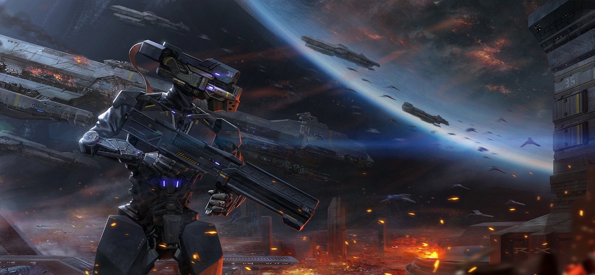 Robot soldier with rifle in space battle HD Wallpaper