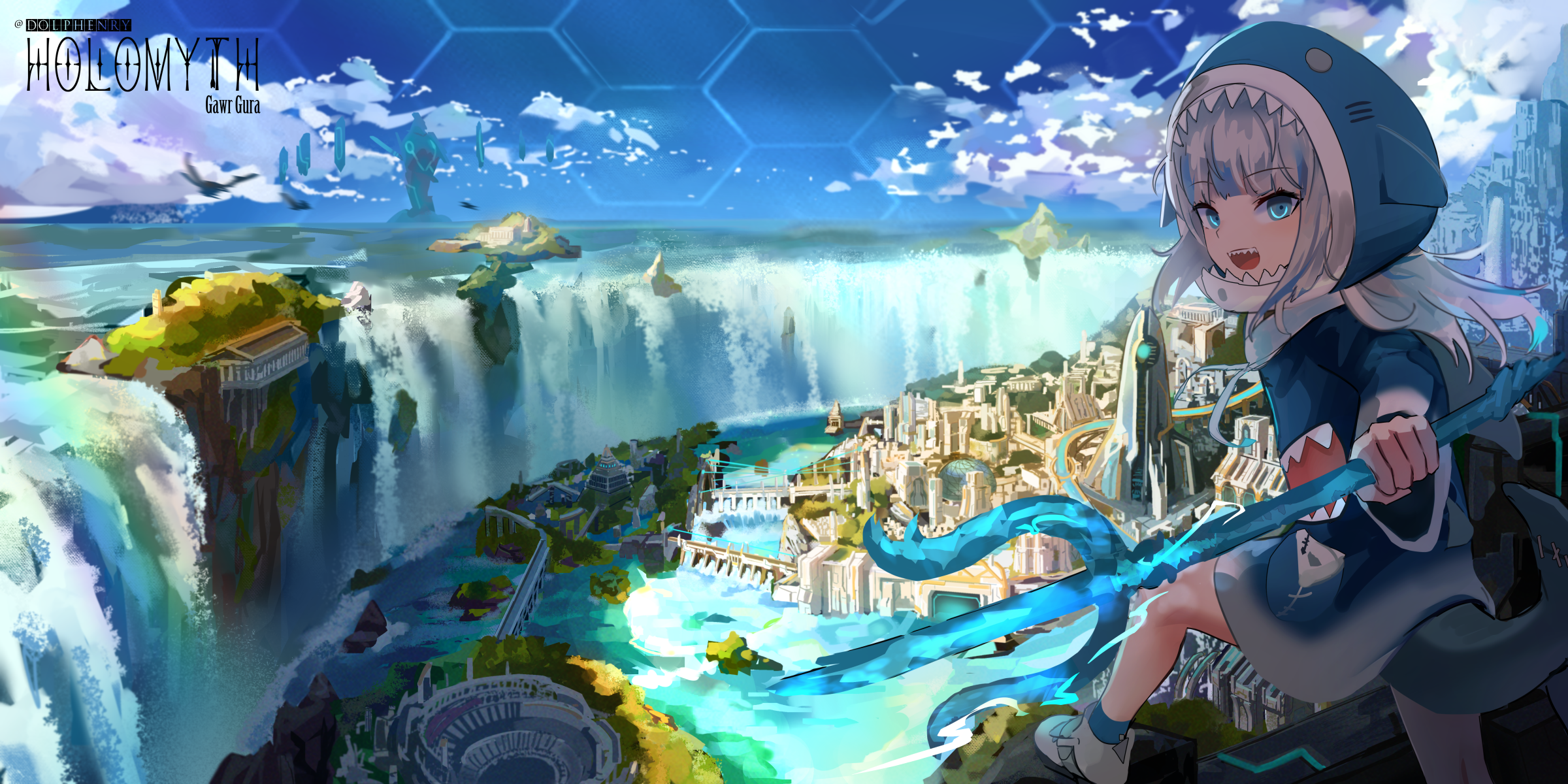 Gawr Gura from Hololive in a fantasy city with waterfalls HD Wallpaper