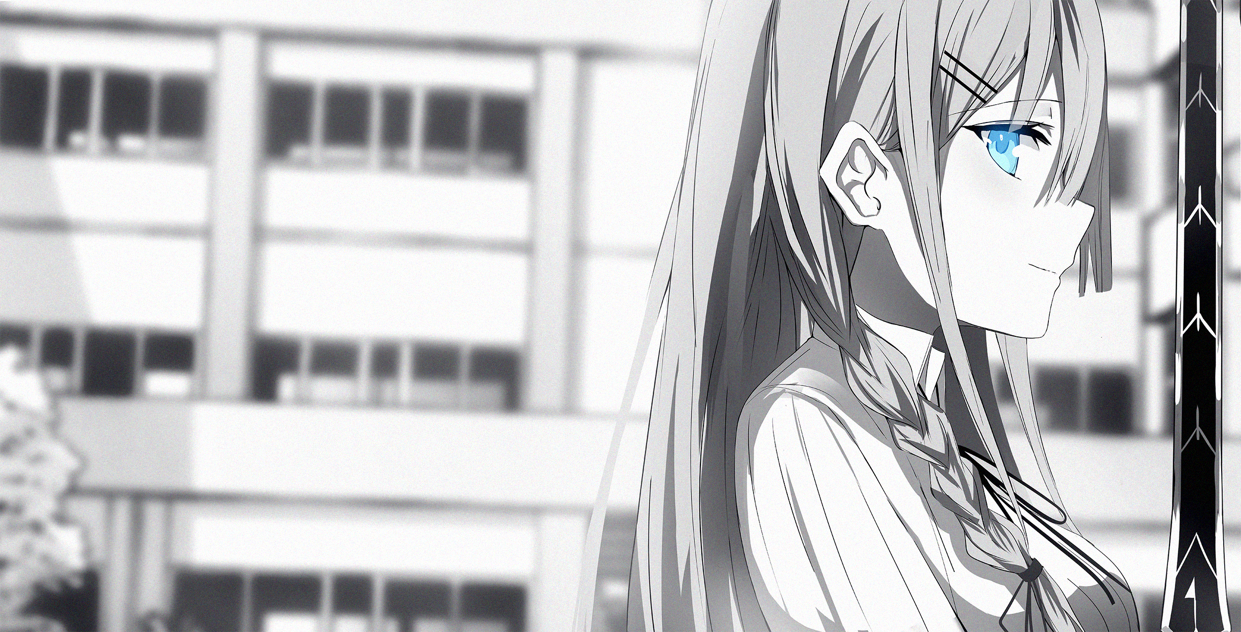 Anime girl with blue eyes in front of a school building HD Wallpaper