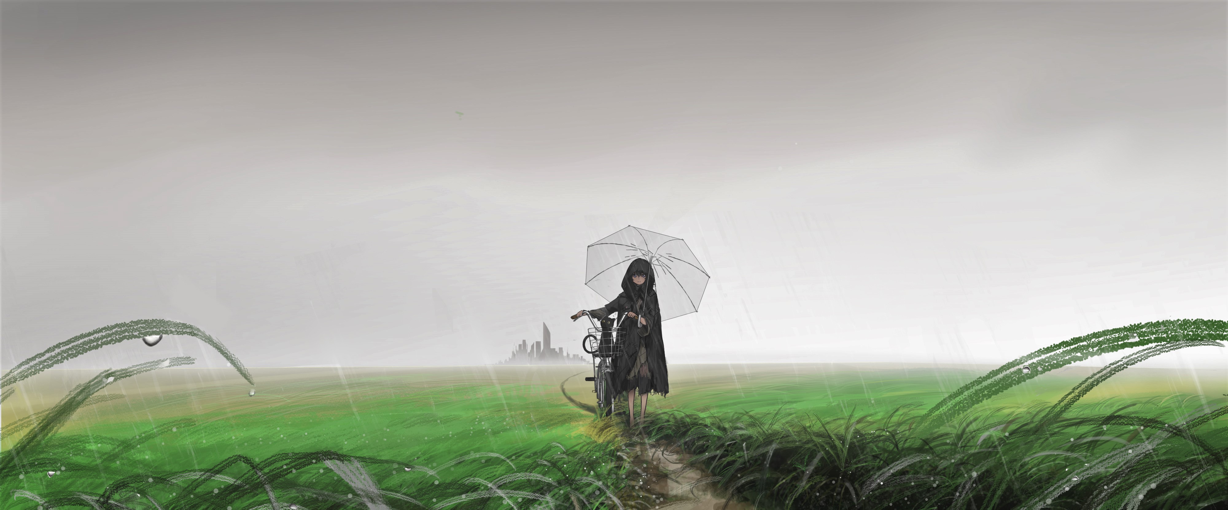 Anime girl with bicycle in the rain HD Wallpaper