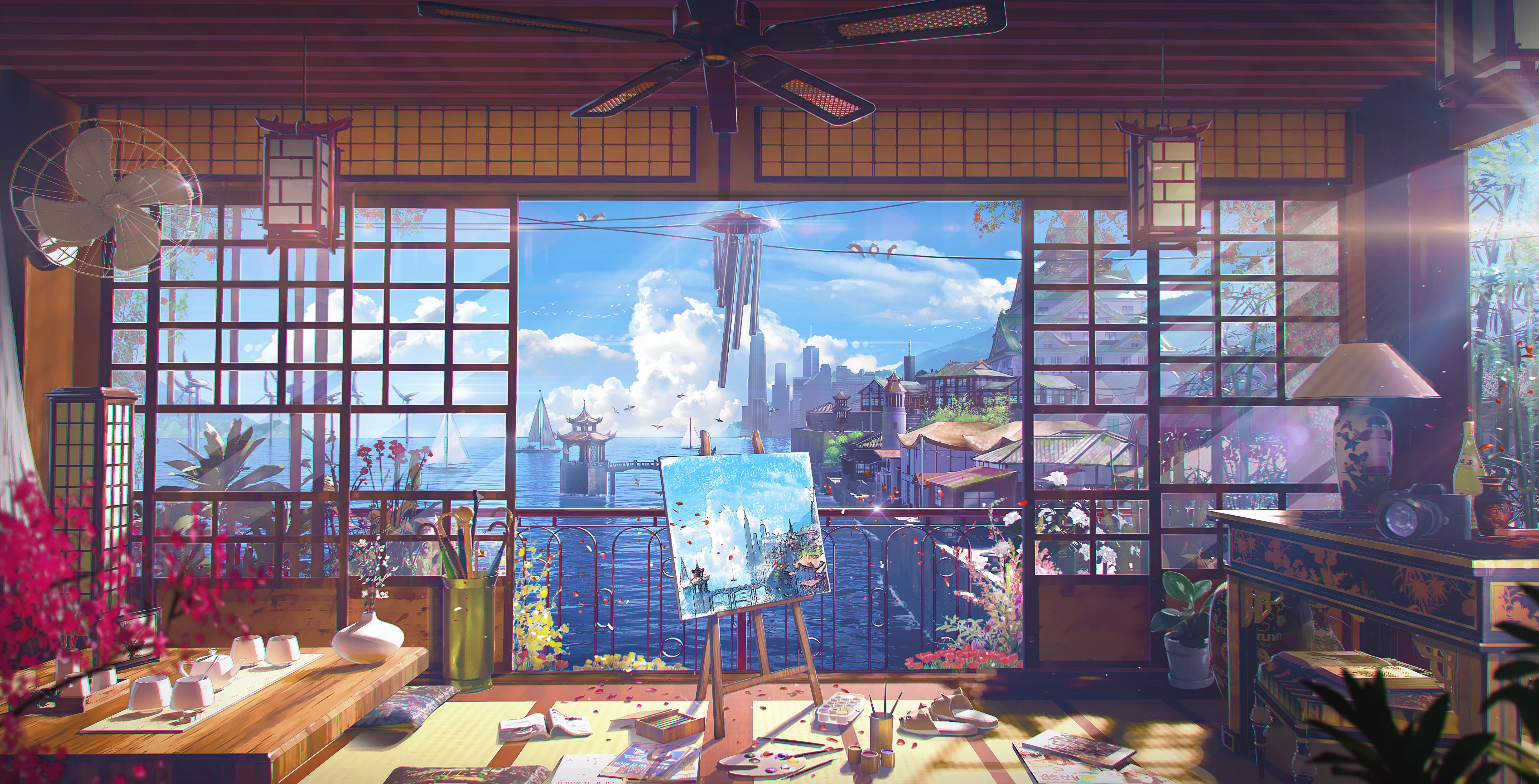 4K House by the Sea Under High Noon Sky HD Wallpaper