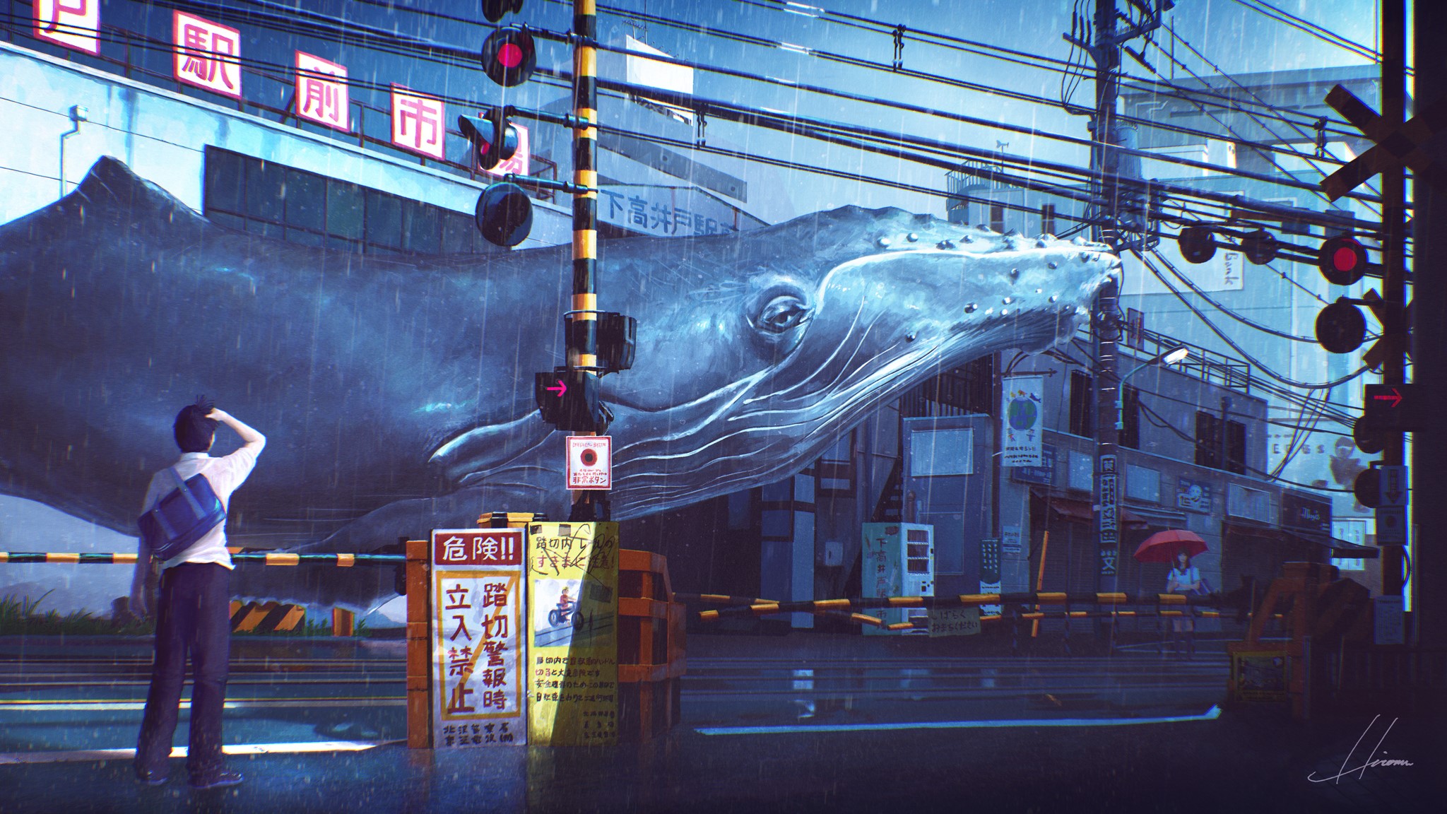 Whale mural in a rainy Japanese city HD Wallpaper