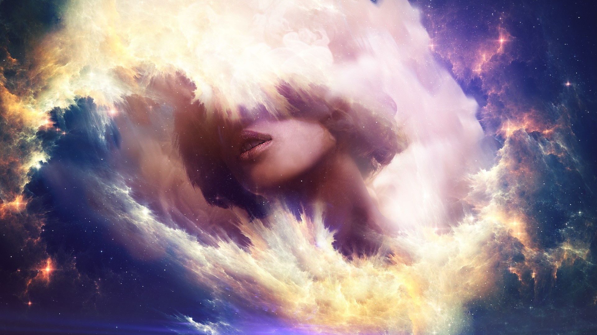 Artwork of a woman's face emerging from colorful clouds HD Wallpaper
