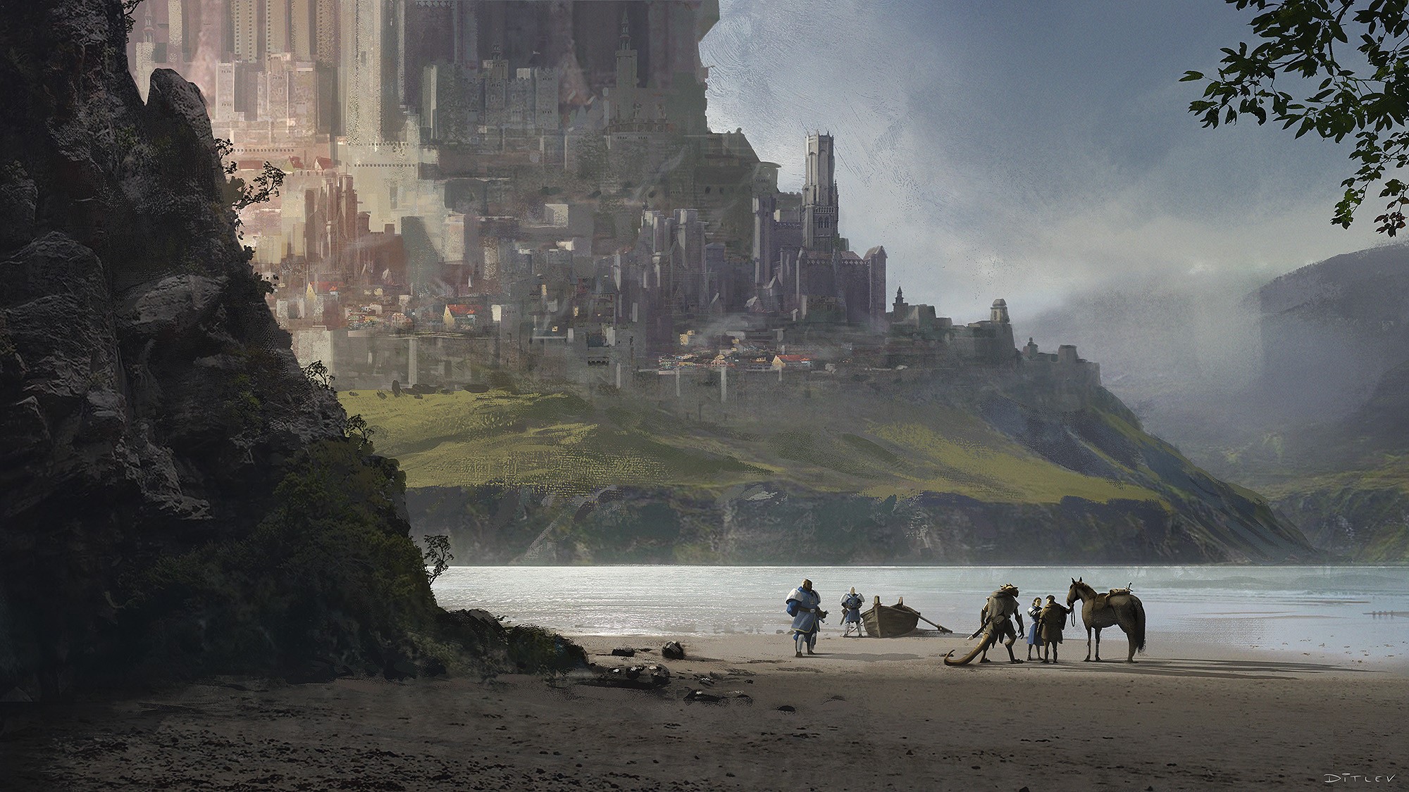 Fantasy city on a hill with people and a horse on the shore HD Wallpaper