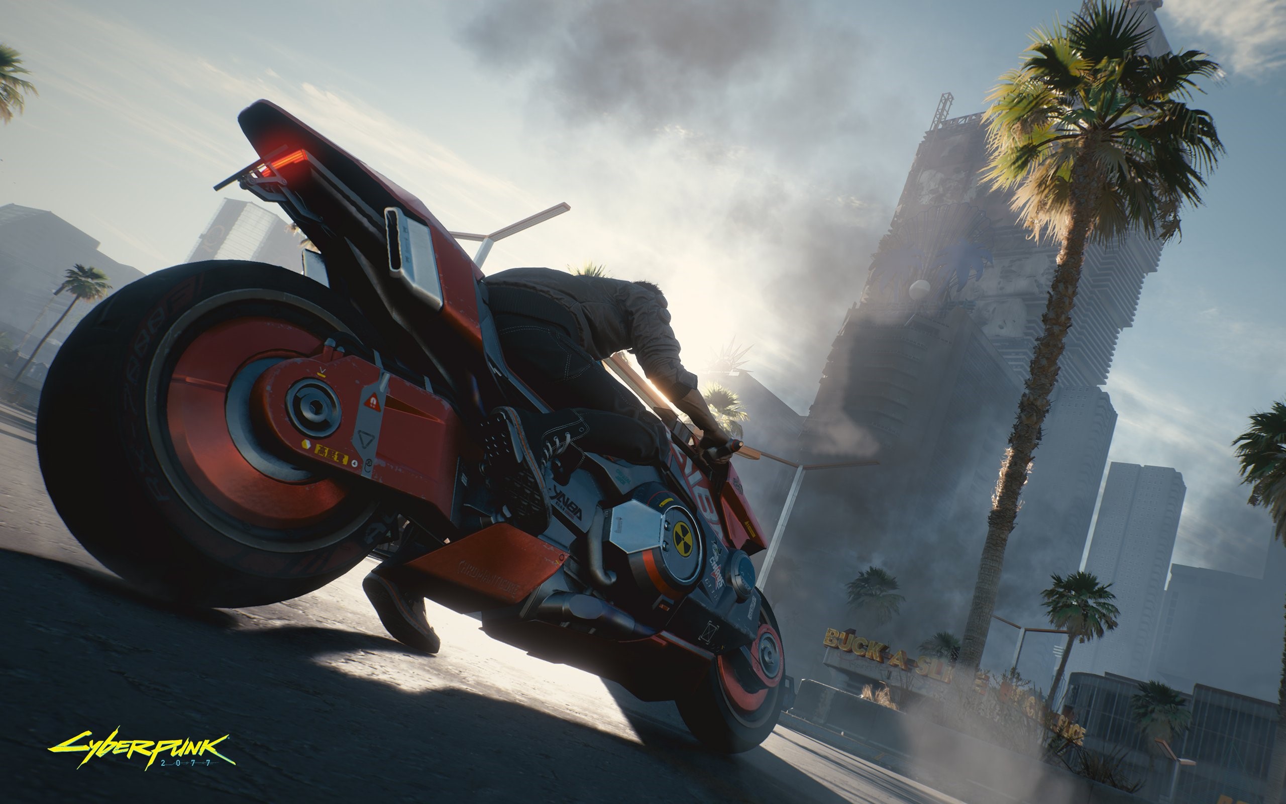 Motorcyclist in Cyberpunk 2077 with futuristic city background HD Wallpaper