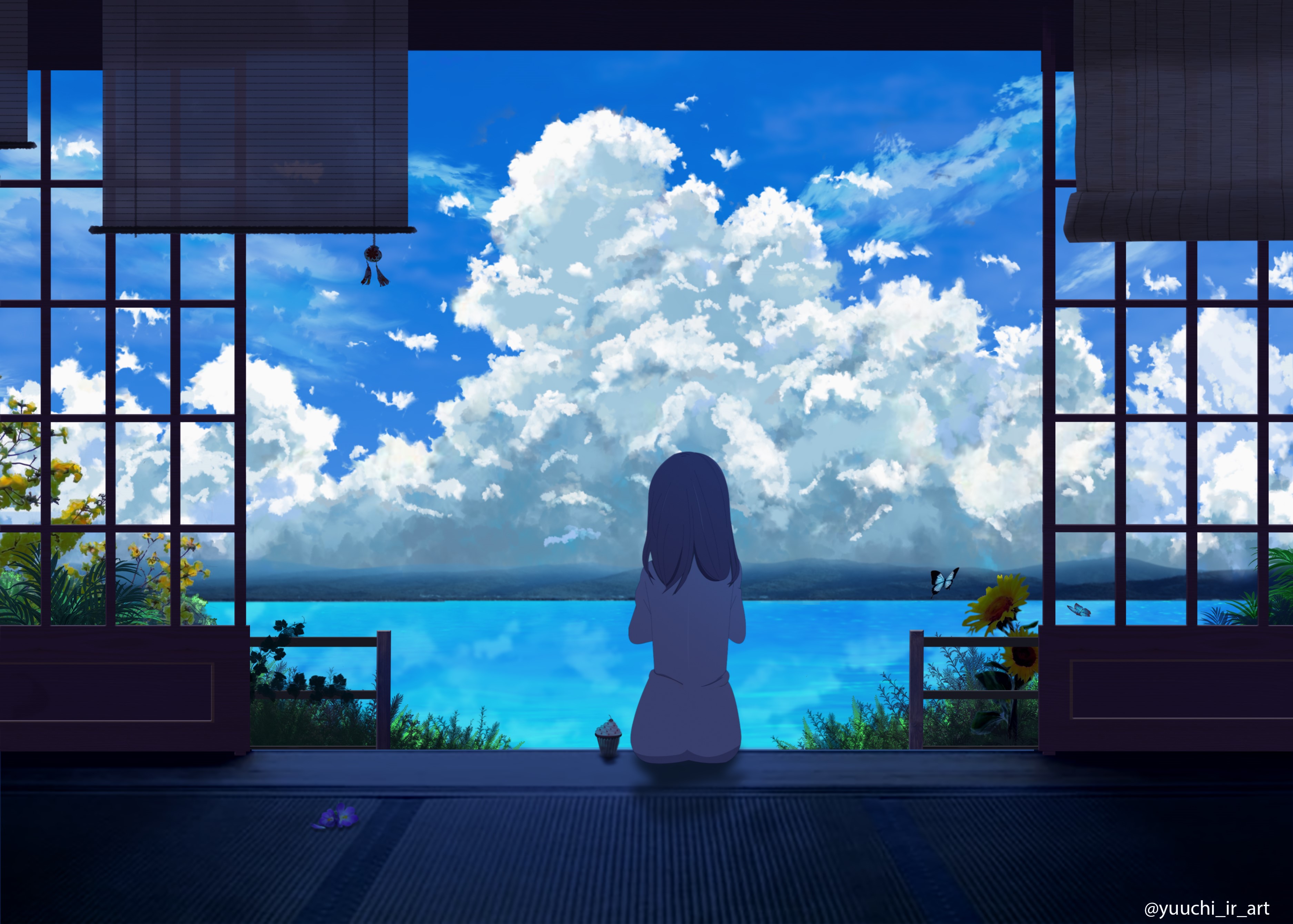 Girl looking at clouds over the sea HD Wallpaper