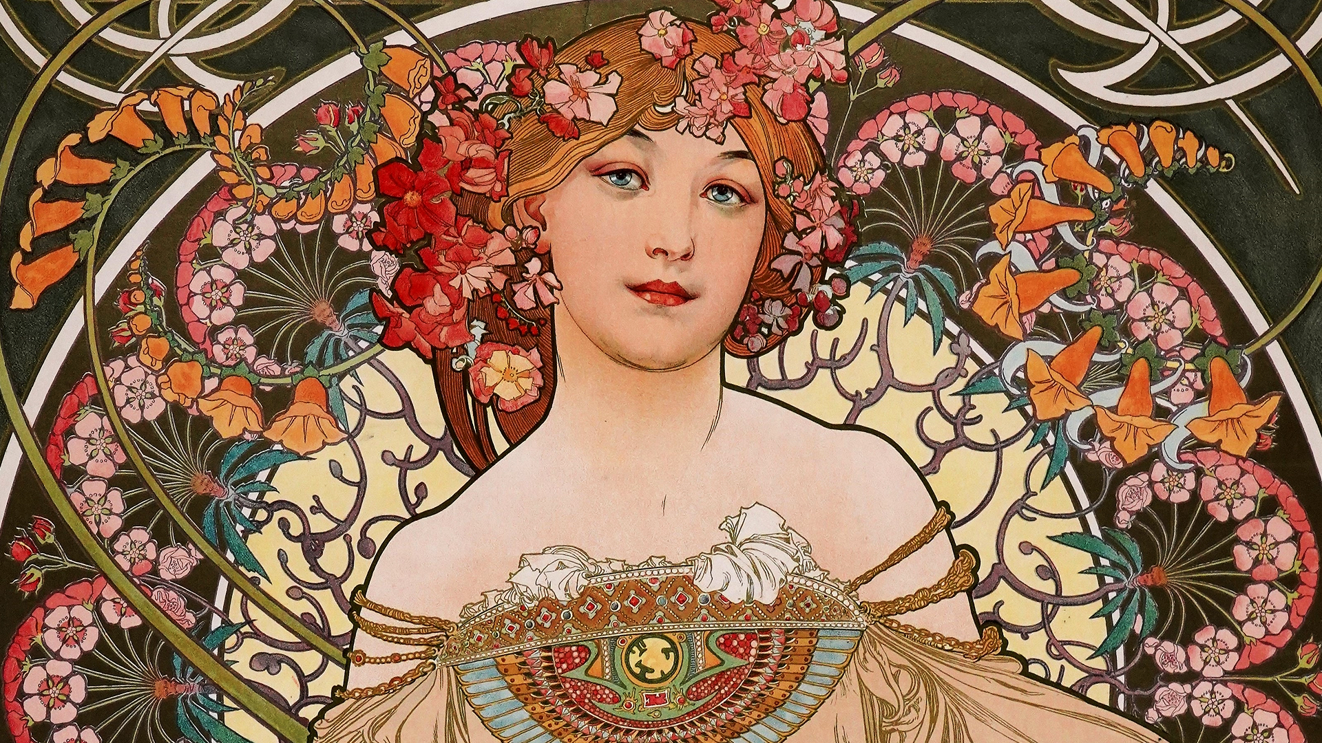 Woman with Flowers in Hair by Alphonse Mucha HD Wallpaper