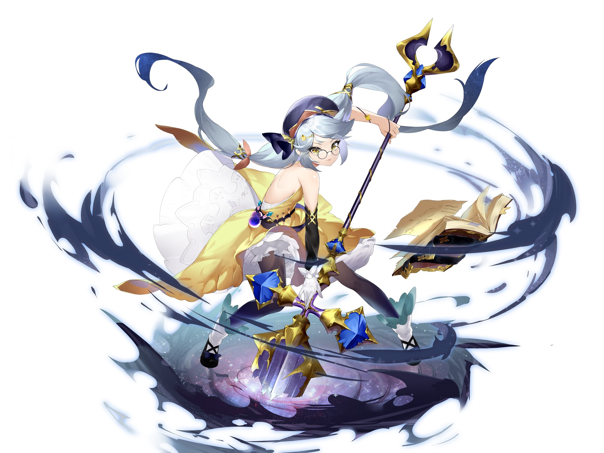 Anime girl with glasses and staff HD Wallpaper